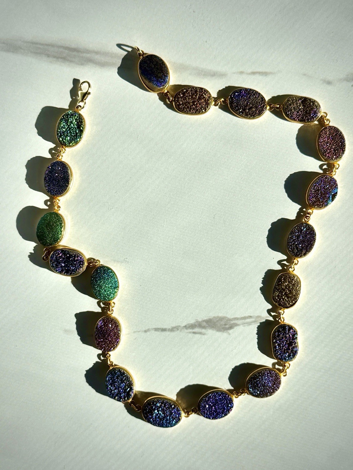 Gold Plated Sterling Silver Multi Color Druzy Link Station Necklace Rainbow New