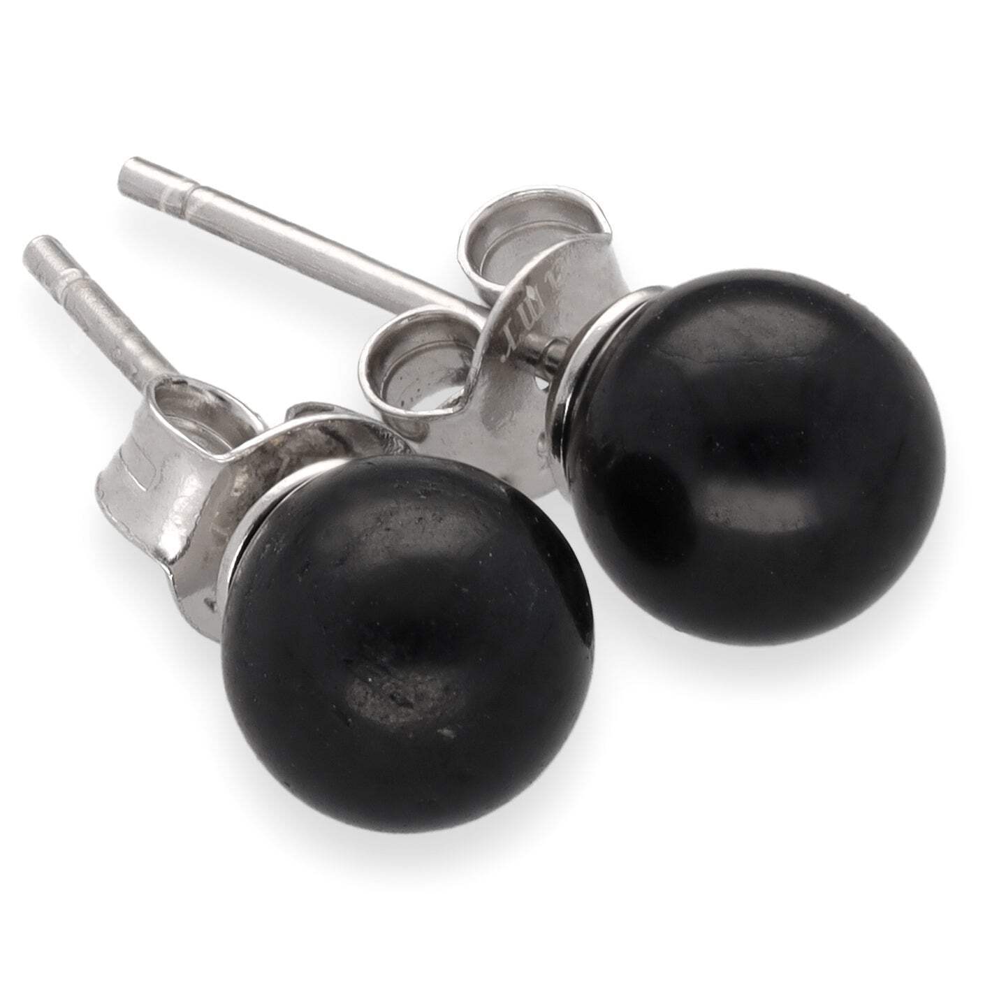 Black Tourmaline Schörl Stud Earrings 6mm Ball Gemstone Earrings 925 Silver