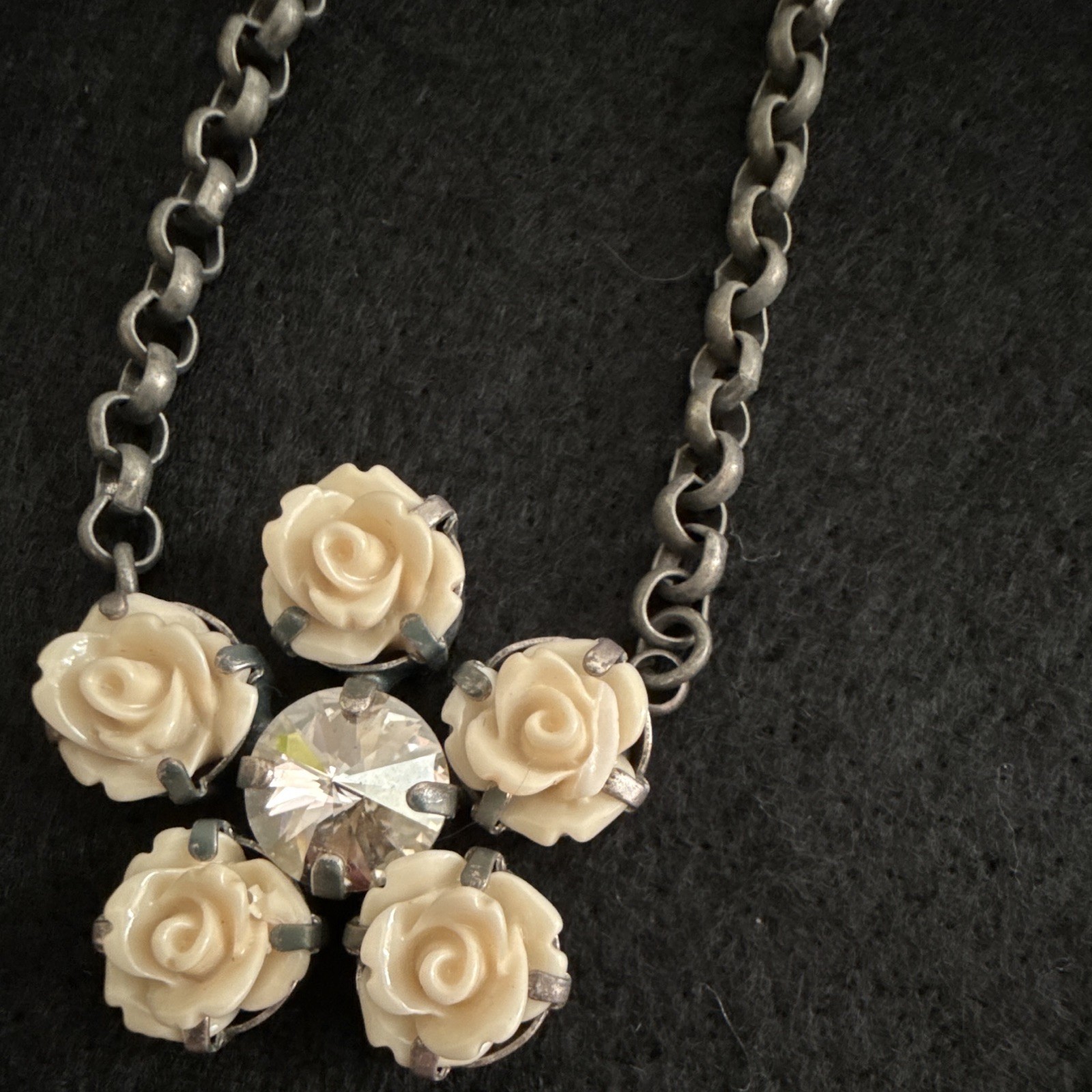 Sabika 2pc Set Necklace Earrings carved, cream-colored rose and center crystal