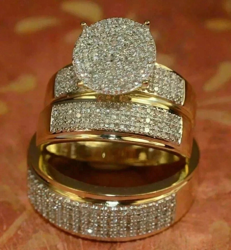 2.5Ct Round Cut Lab Created Diamond Trio Wedding Ring Set 14k Yellow Gold Plated