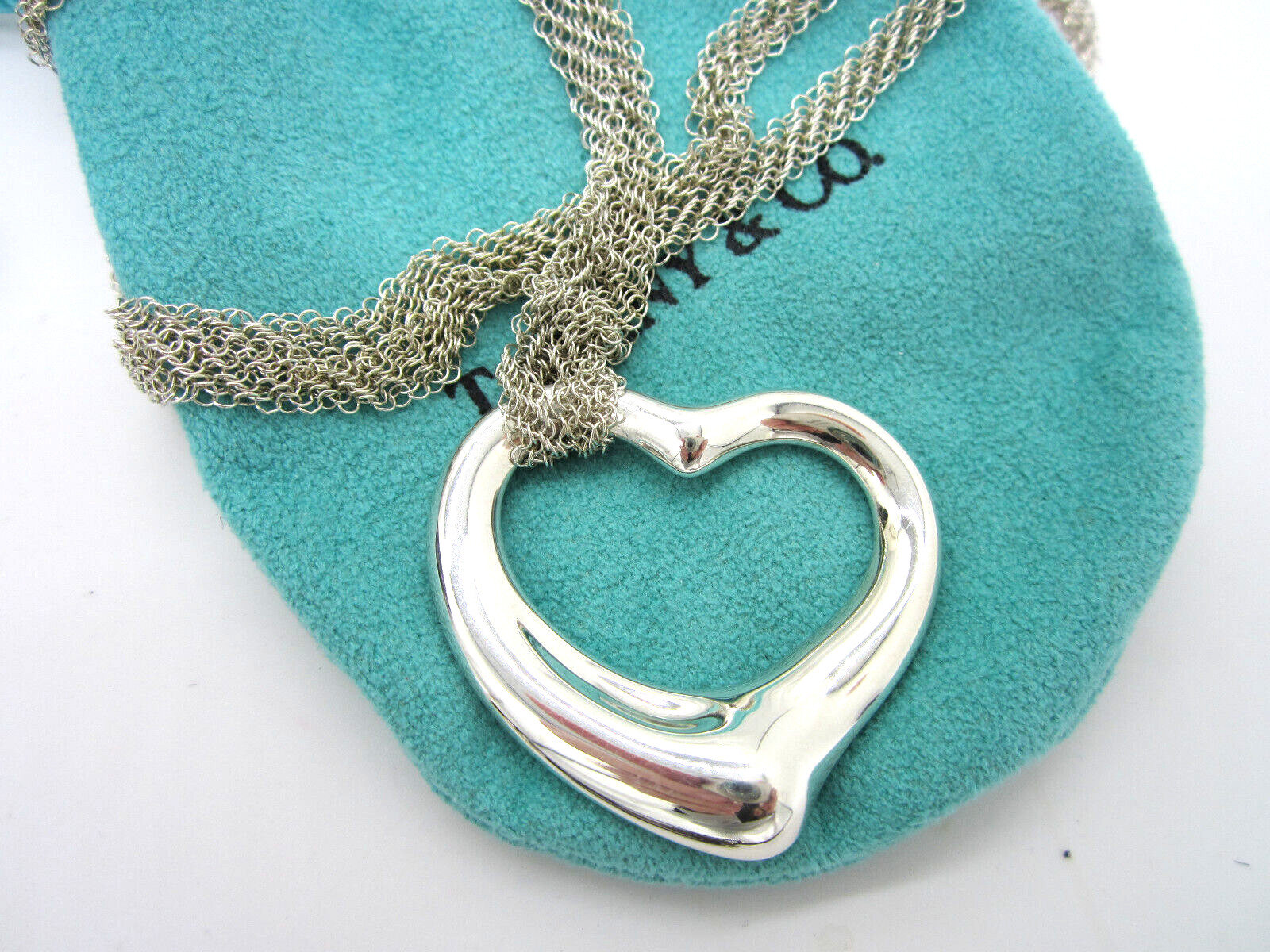 Estate TIFFANY & CO PERETTI Sterling Silver 35.6 MM Open Heart Mesh Necklace