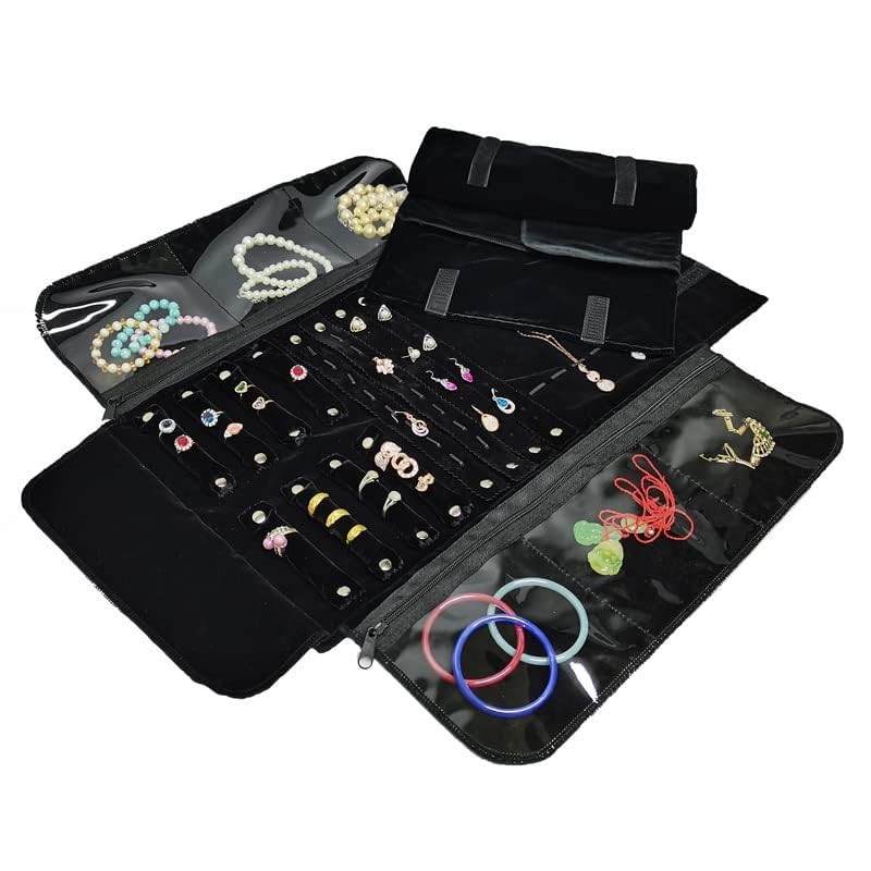 Velvet Travel Jewelry Case Roll Bag Organizer for Necklace Bracelet Black