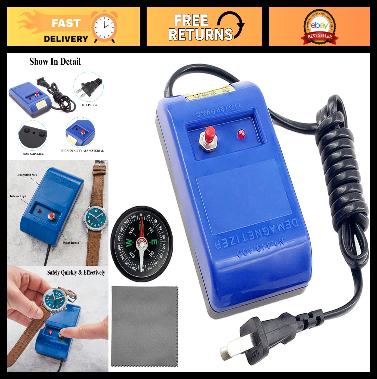 Professional Watch Demagnetizer Tool with Compass & Cleaning Cloth – Repair Kit