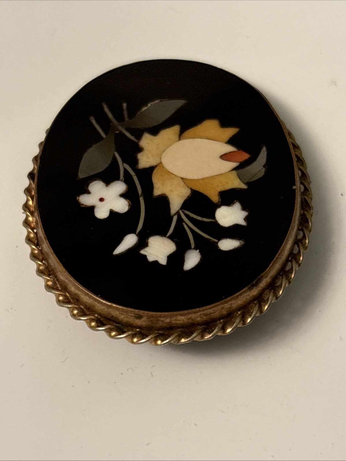 Vintage Gold Tone Floral Inlay Pietra Dura Brooch G2U
