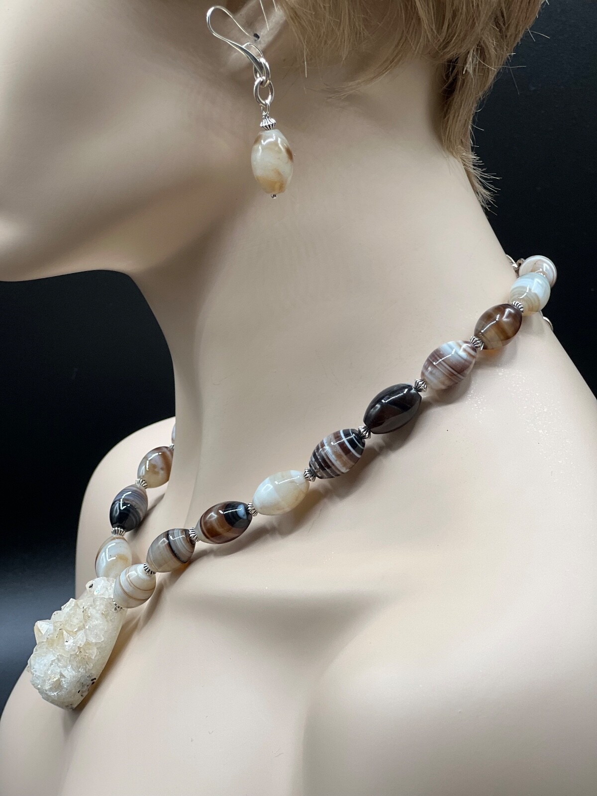 NATURAL DRUSY QUARTZ PENDANT WITH BOSTWANA AGATE BEAD NECKLACE EARRING SET