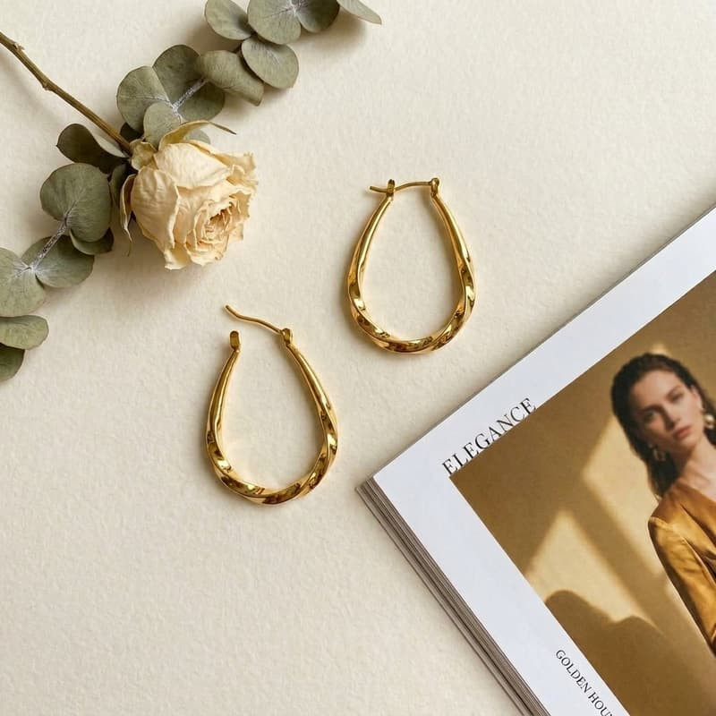 French Vintage Twist Hoop Earrings Gold Water-drop Huggie Statement Gift for Her