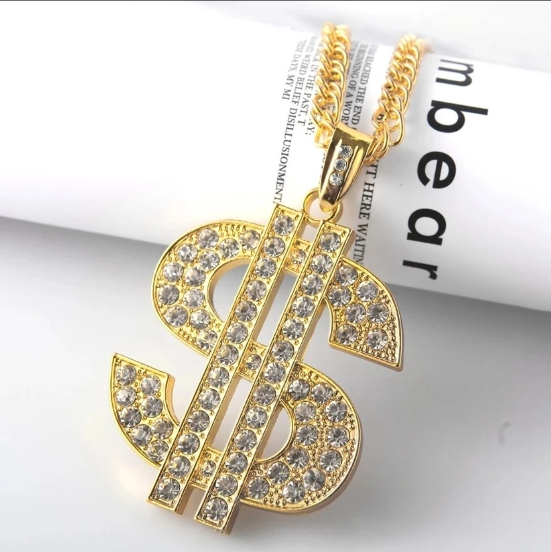 Hip Hop Jewelry Dollar Sign Rhinestone Pendant Golden Chain Necklace 28″ 103