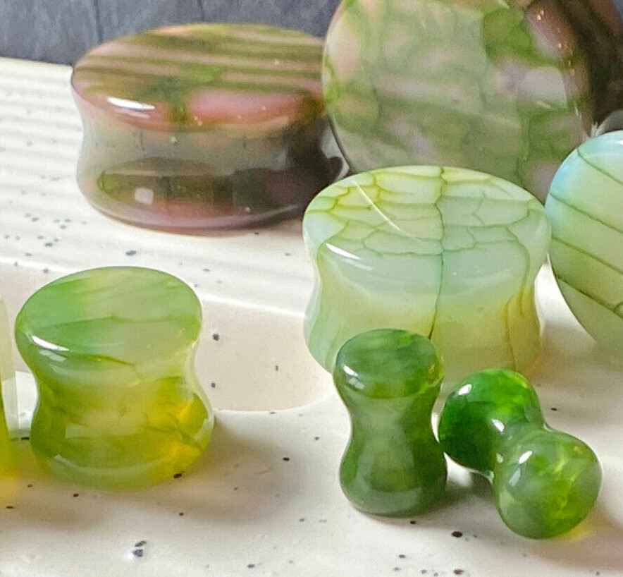 PAIR Green Dragons Vein Agate Stone Double Flare Plugs Organic Earlets Gauges