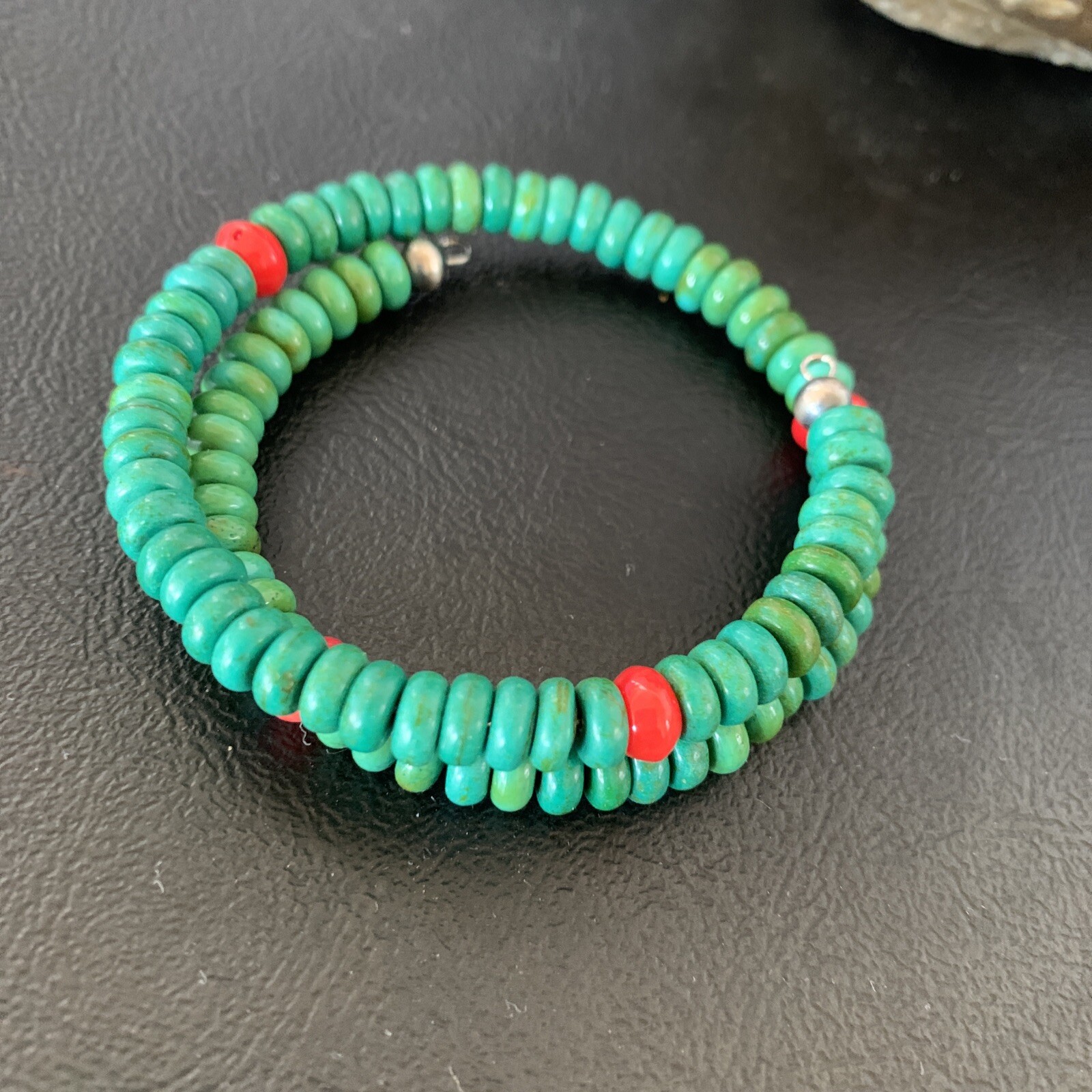 Wrap Memory Wire Stainless Steel Navajo Coral Green Turquoise Bracelet 9″ 13313