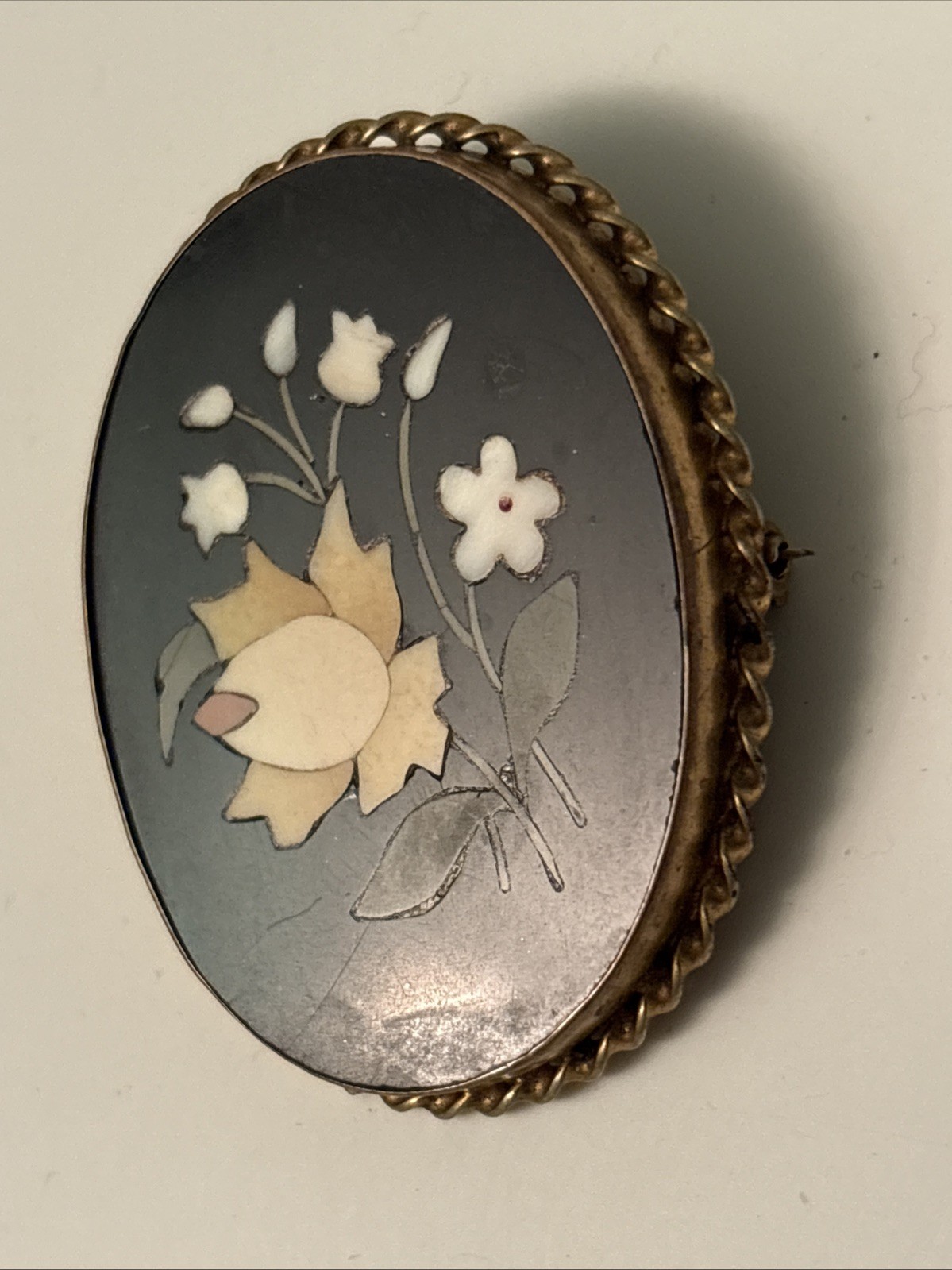 Vintage Gold Tone Floral Inlay Pietra Dura Brooch G2U