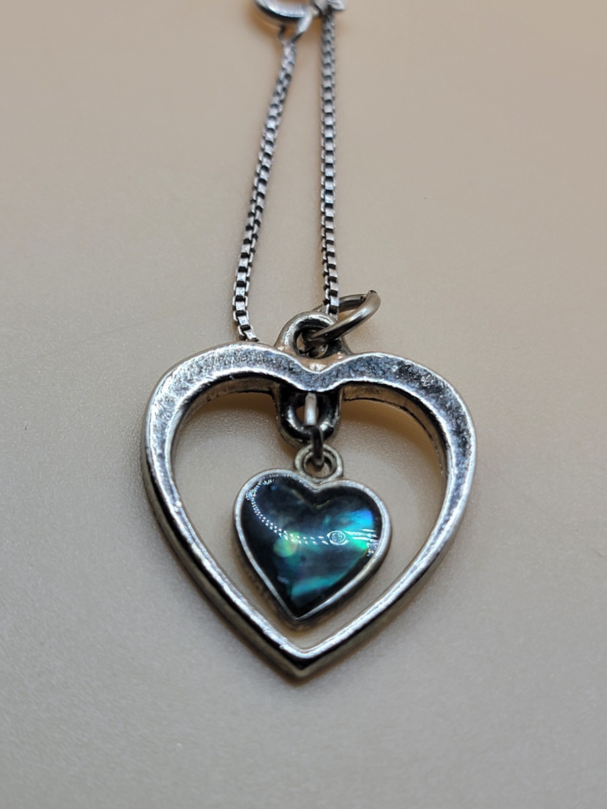 Green Paua Shell 925 Silver Necklace Heart Shaped Signed Italy