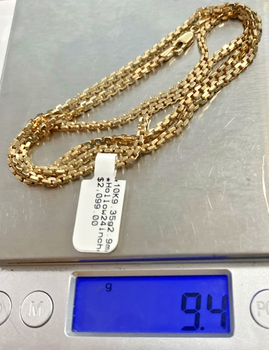 10k Real Gold Rounded Box Semi-Solid/Hollow Chain 9.35grams 2.9mm 24” NWT 10K