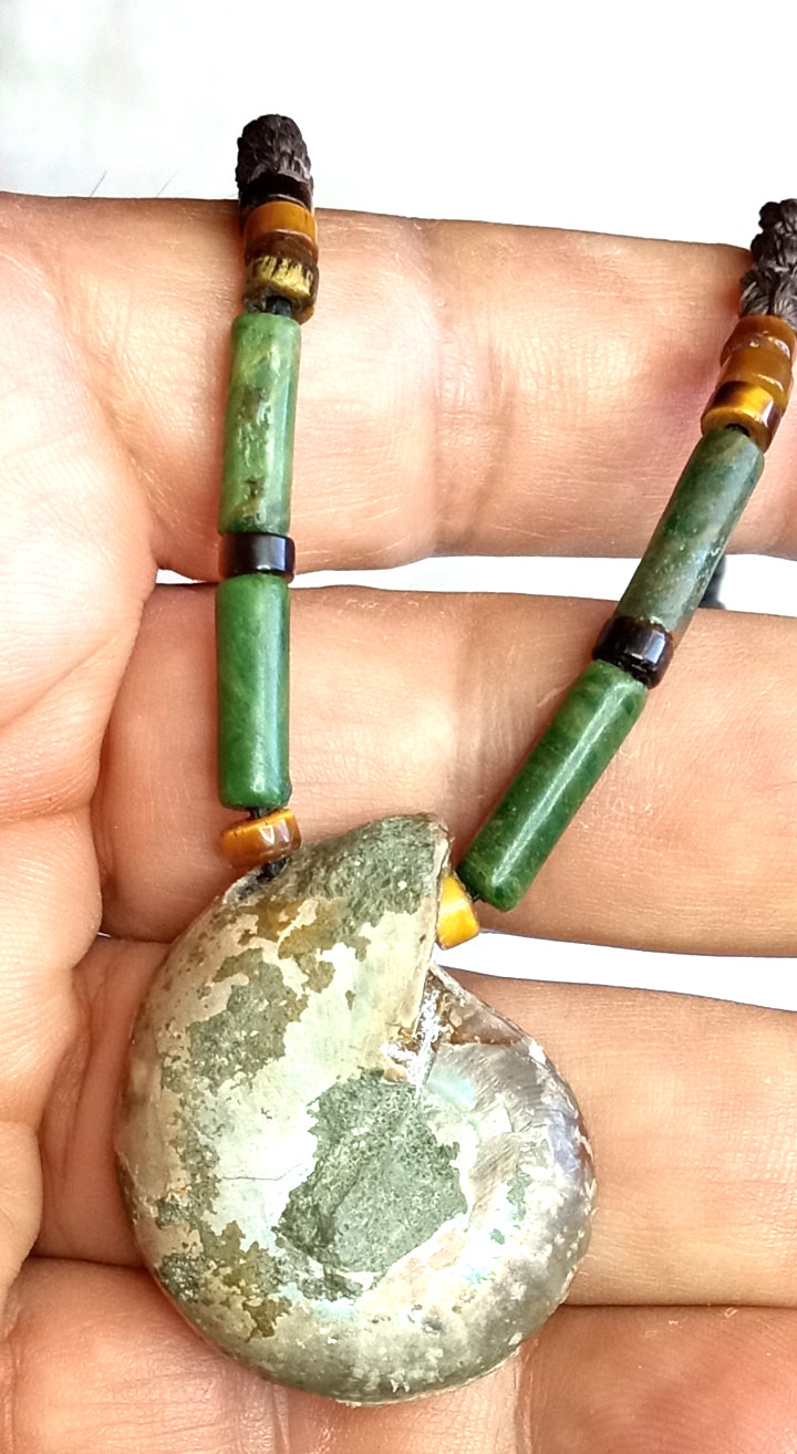 Fossil Ammonite With Nephrite beads Adjustable and Hand Braided Necklace