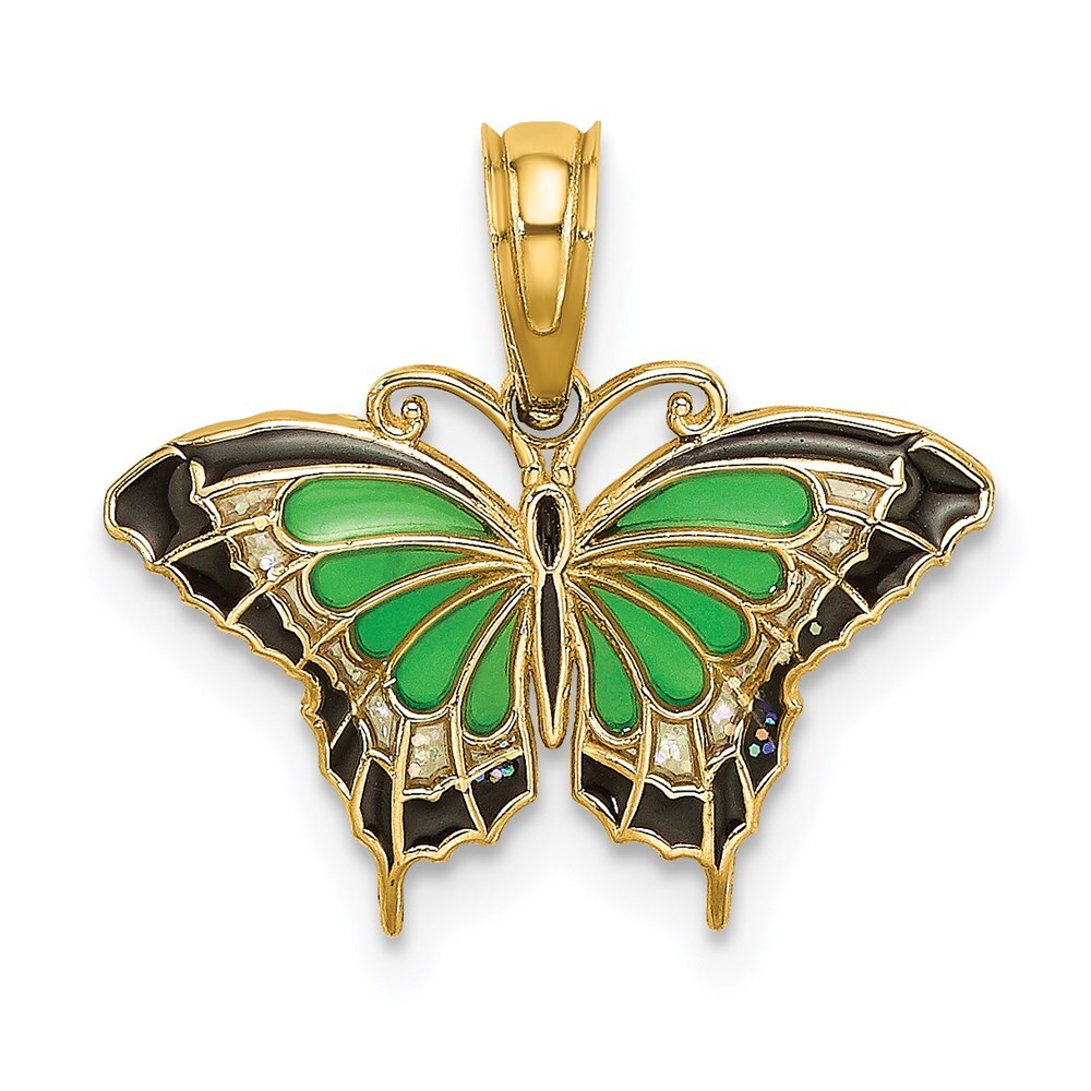 14k Yellow Gold Small Green Enameled Butterfly Charm Pendant 0.69gm L-15.1mm