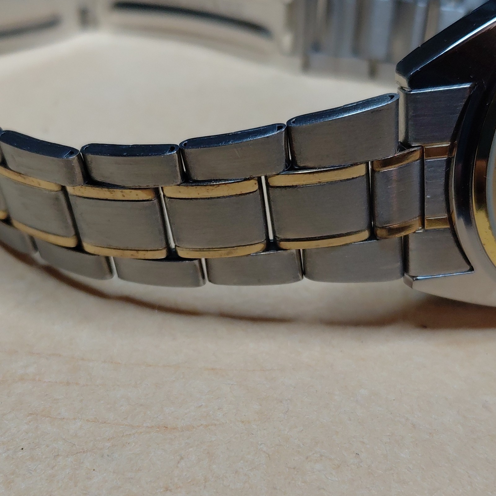Geneva Quartz Analog Watch, Gold Dial, Two-Tone SS Bracelet, Luminous Hands.