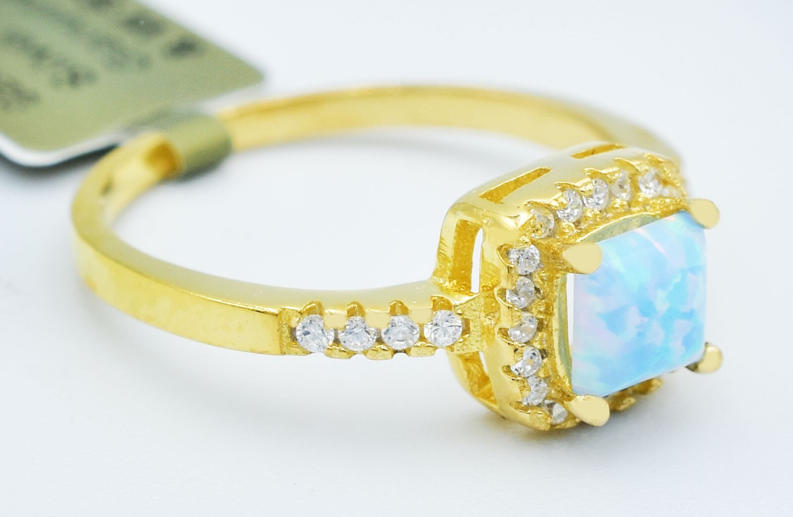 GENUINE 0.45 Cts OPAL & WHITE SAPPHIRE RING 925 SILVER (Yellow Finish) -NWT