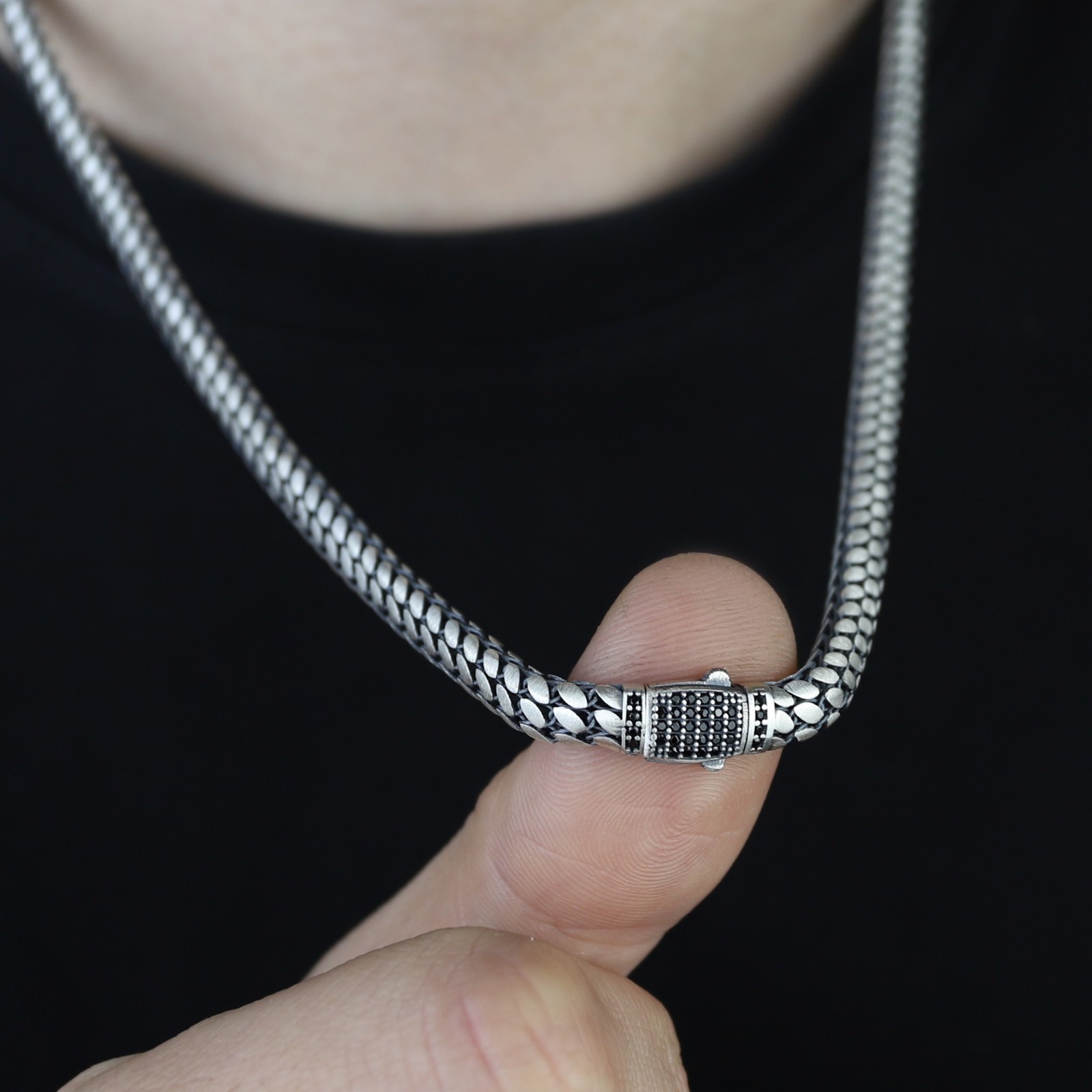 925 Sterling Silver Men Handmade Snake Popcorn Chain Necklace