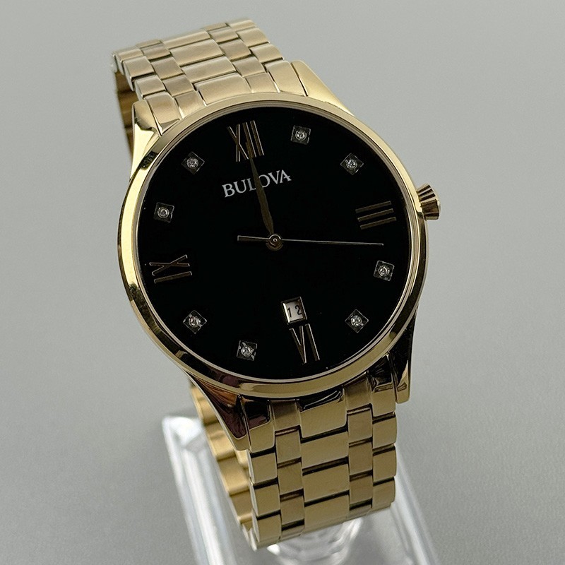 Bulova Classic 97D108 Black Diamond Dial Gold-Tone Bracelet Men’s Quartz Watch