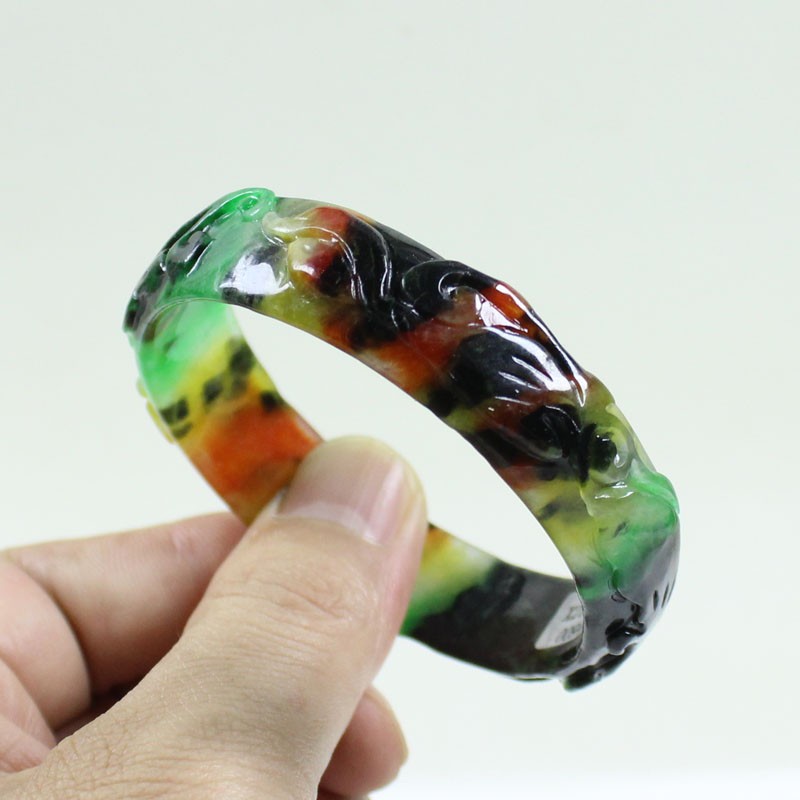 61mm Real Natural Ice Multicolor Burmese Jade jadeite Carving Bracelet Bangle