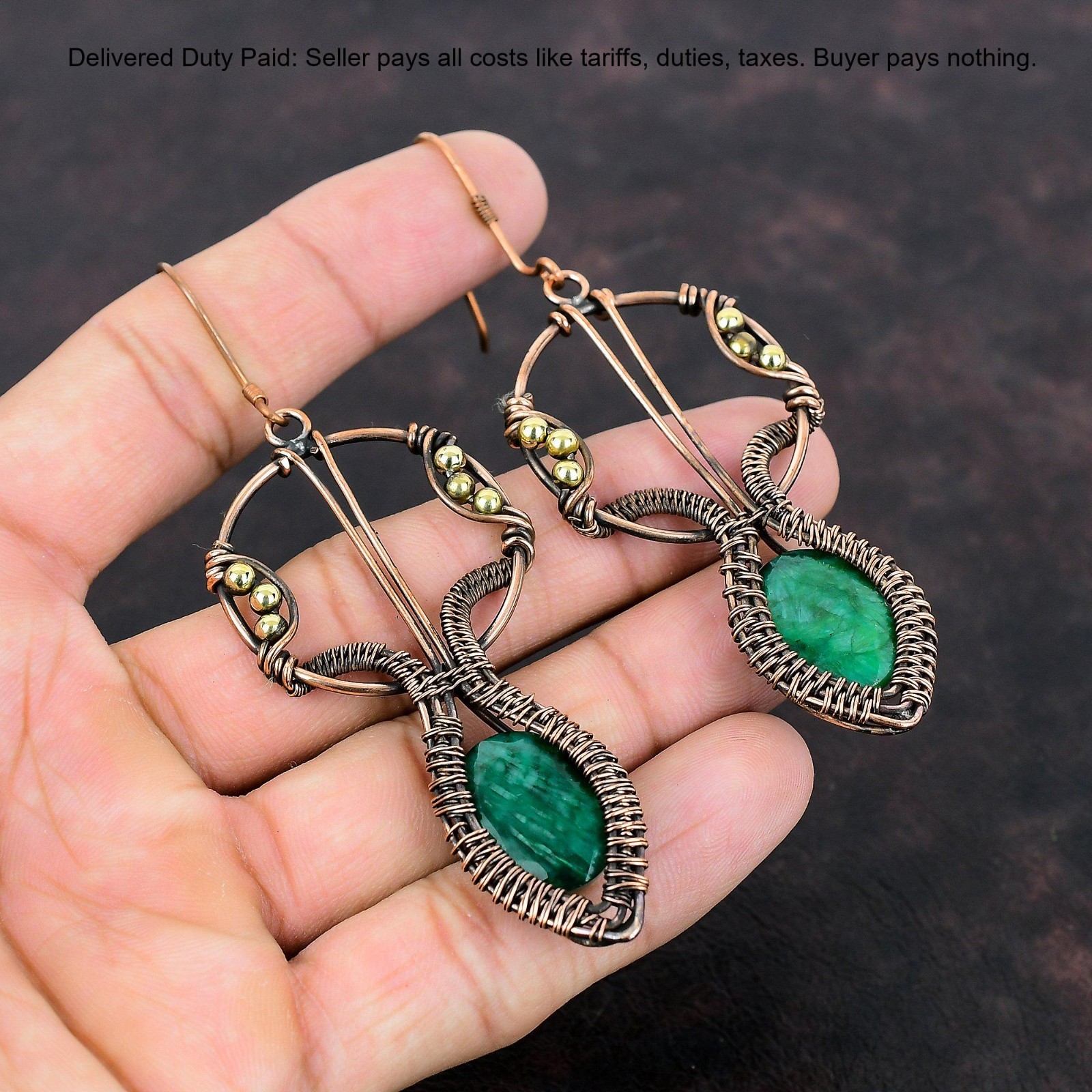 Copper Zambian Emrald Emrald Stone Wire Wrapped Mother Dangle Earrings Jewelry