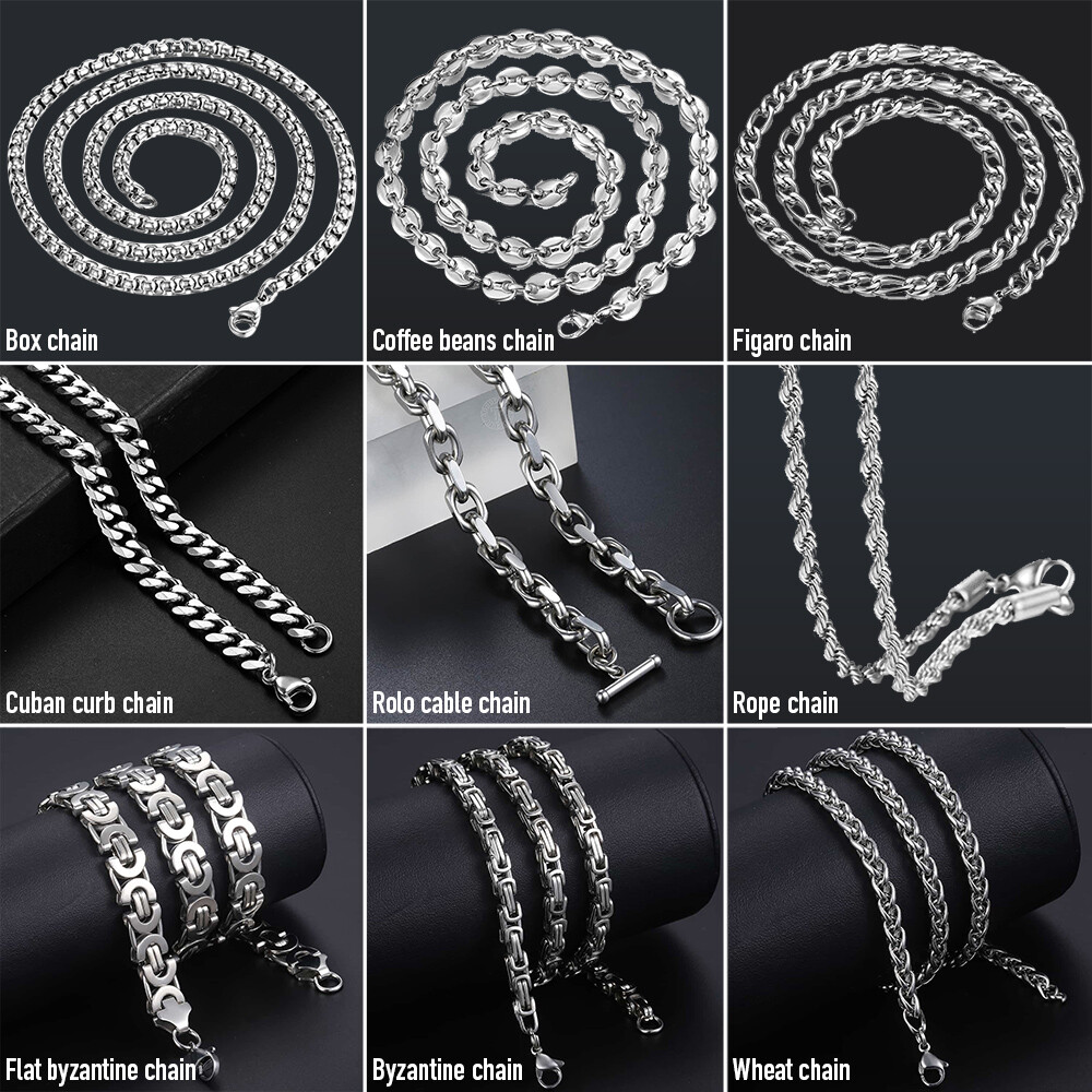 Silver Stainless Steel Link Chain Curb Byzantine Wheat Rope Box Necklace Unisex