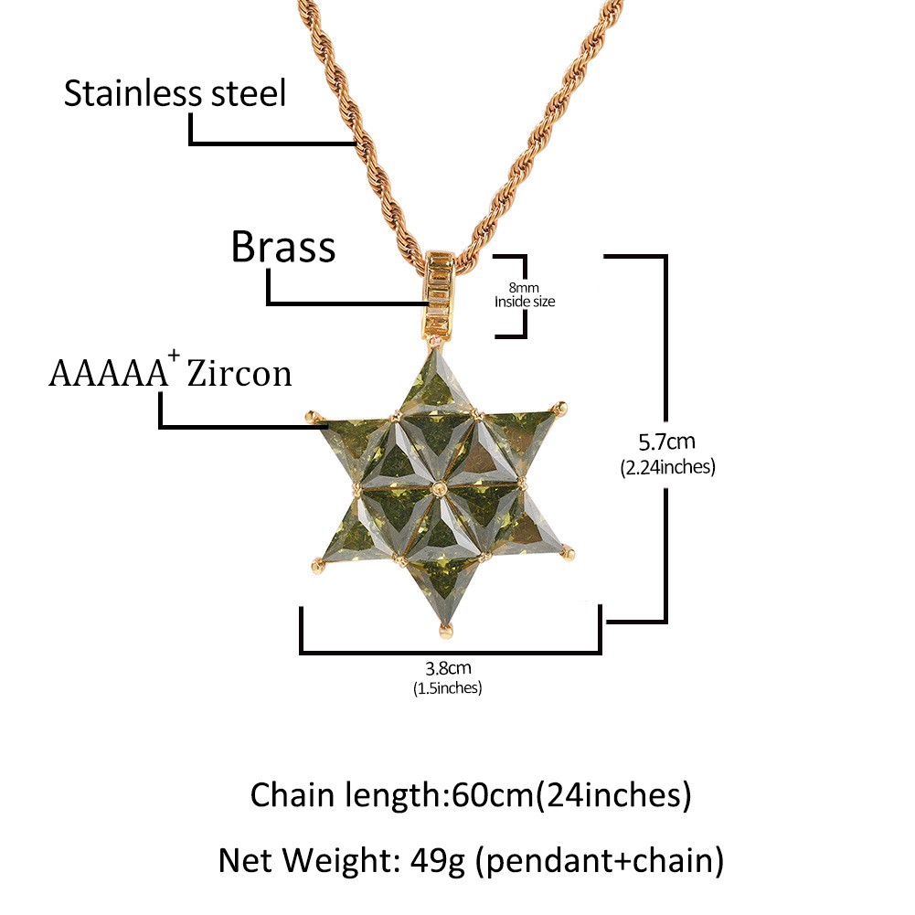 Hip Hop Jewelry Hexagram Pendant Bling Necklace CZ Gold Filled Chain Accessories