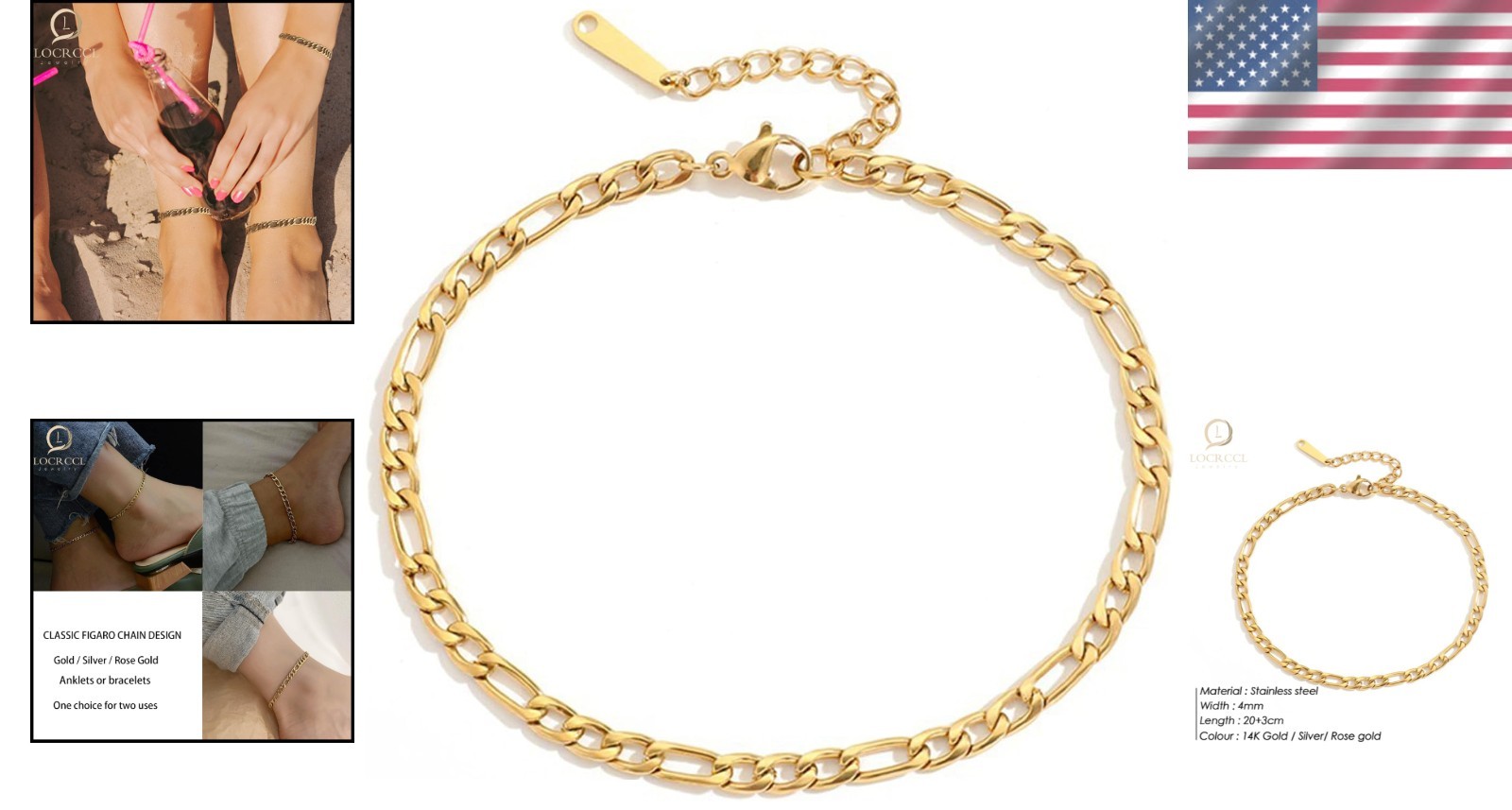Elegant Gold Figaro Link Chain Anklet for Stylish Women – Adjustable & Durable