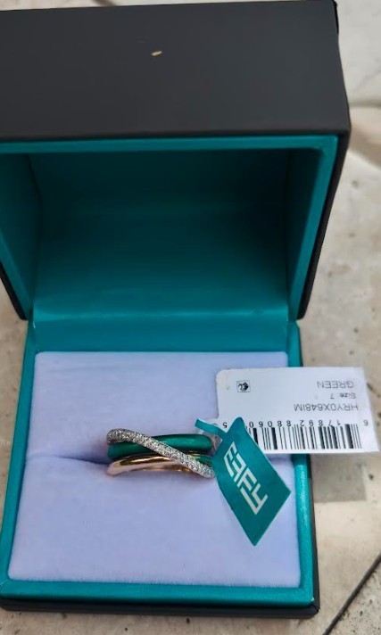 Effy 14K yellow gold diamond & green Malachite crossover ring size 7 NEW