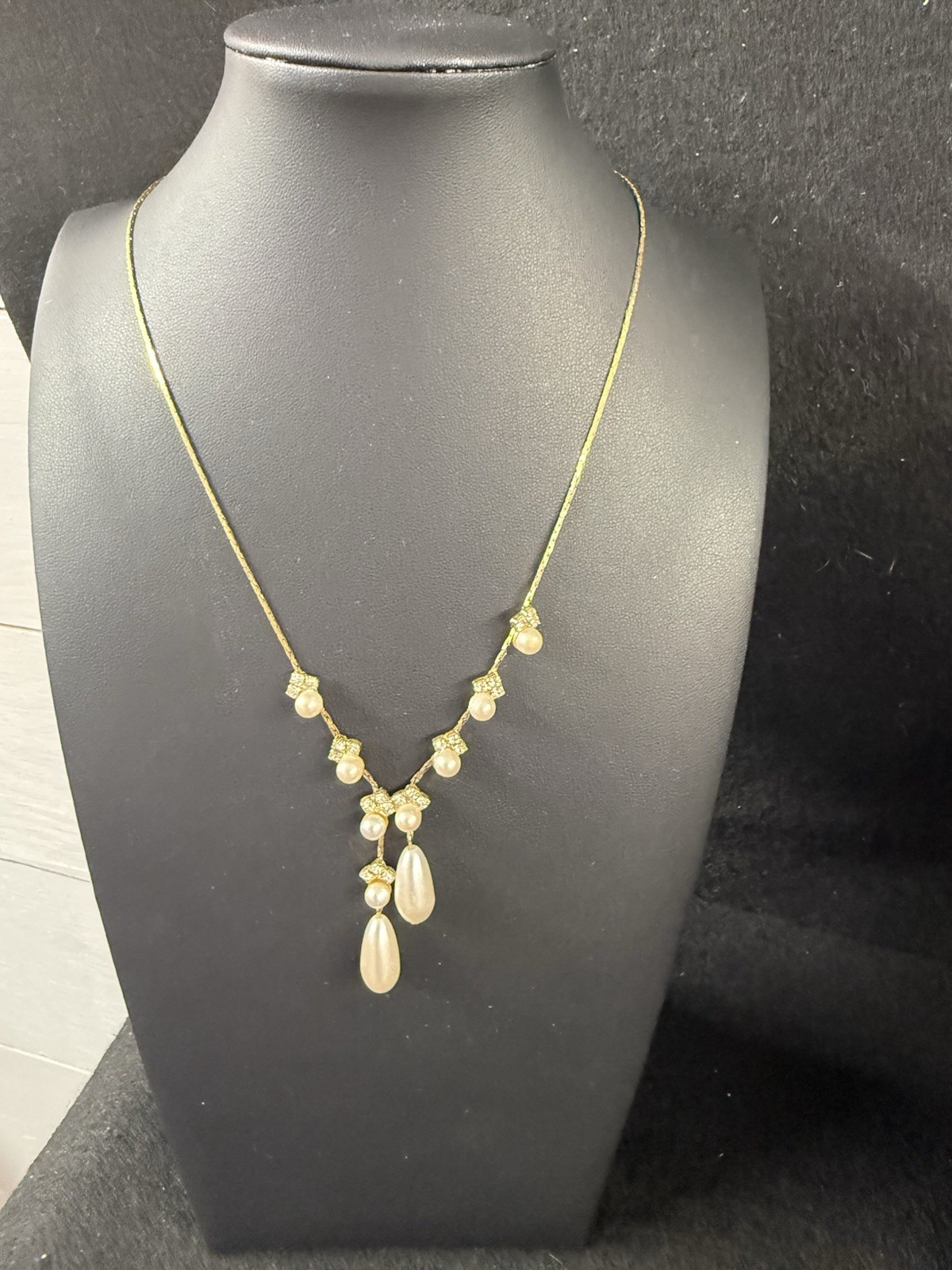 Vintage Rhinestone And Teardrop Faux Pearl Necklace And Dangle Earrings