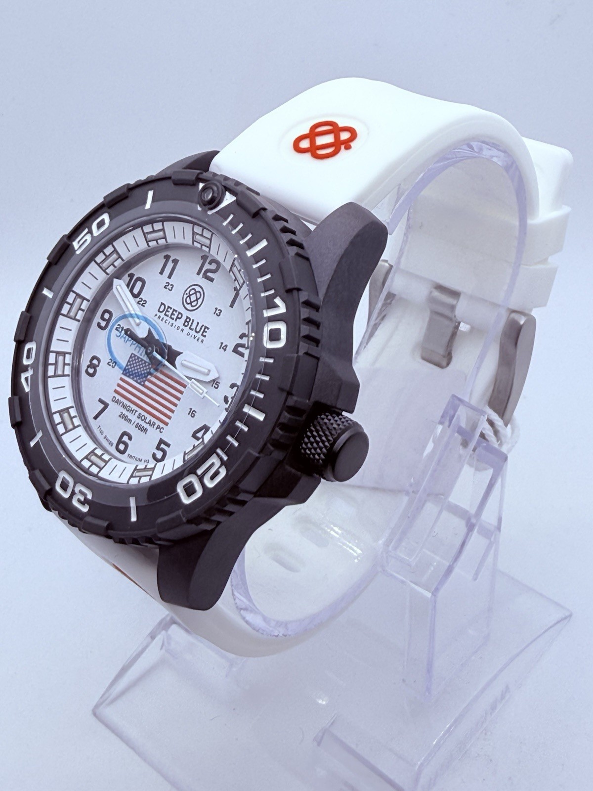 Deep Blue DAYNIGHT 43MM DIVER SOLAR POWERED PC WHITE DIAL USA🇺🇸3 COLOR TUBES‼️