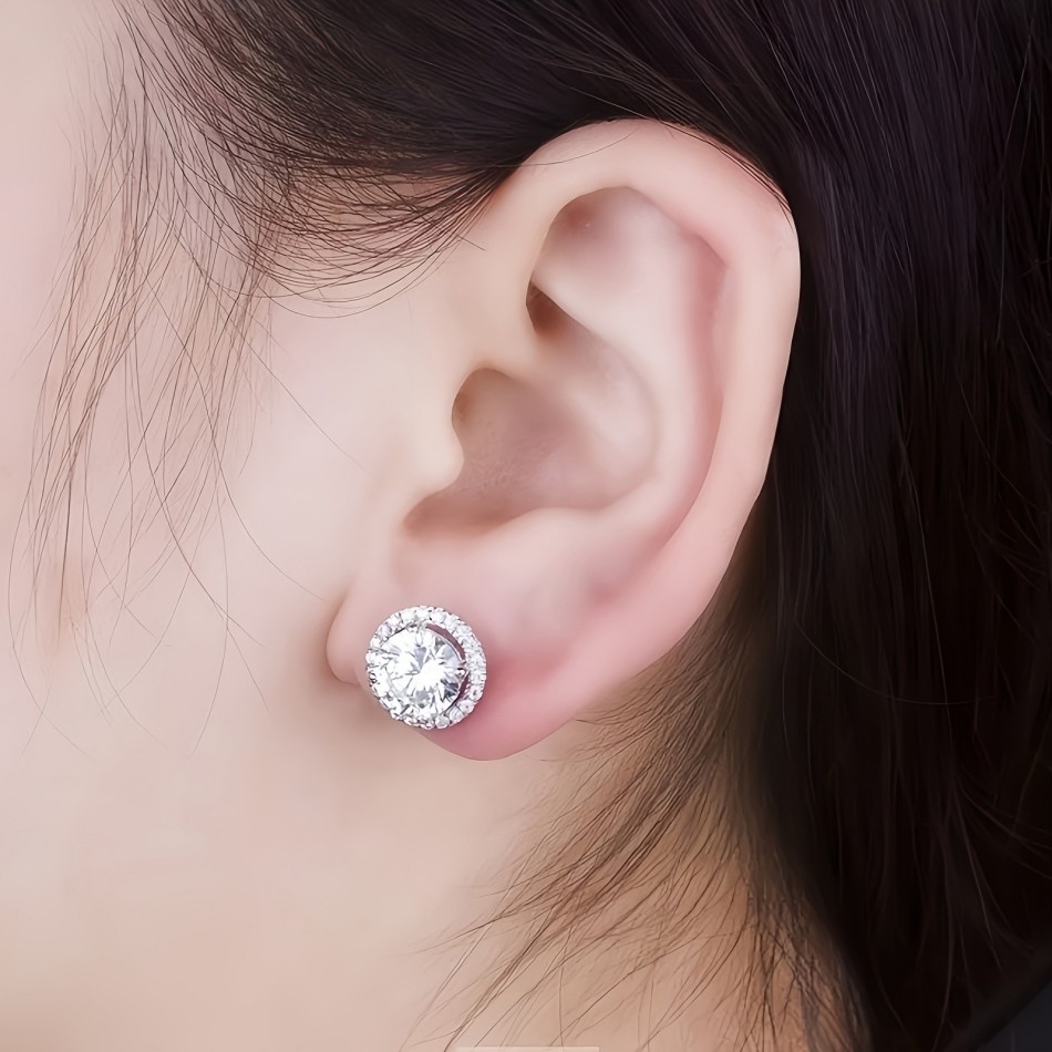 Classic Halo Zircon Stud Earrings Silver Plated Straight Needle Mini Daily Studs