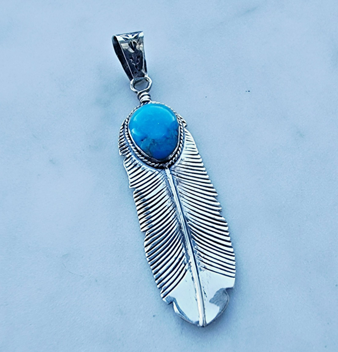 925 STERLING SILVER BLUE 17X12 MM. TEARDROP TURQUOISE FEATHER PENDANT