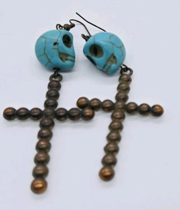Turquoise Howlite Crystal Cross Drop Dangle & Skulls Earrings Halloween 3.75 in
