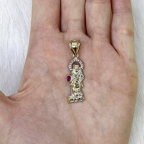 10K Yellow White Gold Diamond Cut Ruby Religious Saint Lazarus Pendant