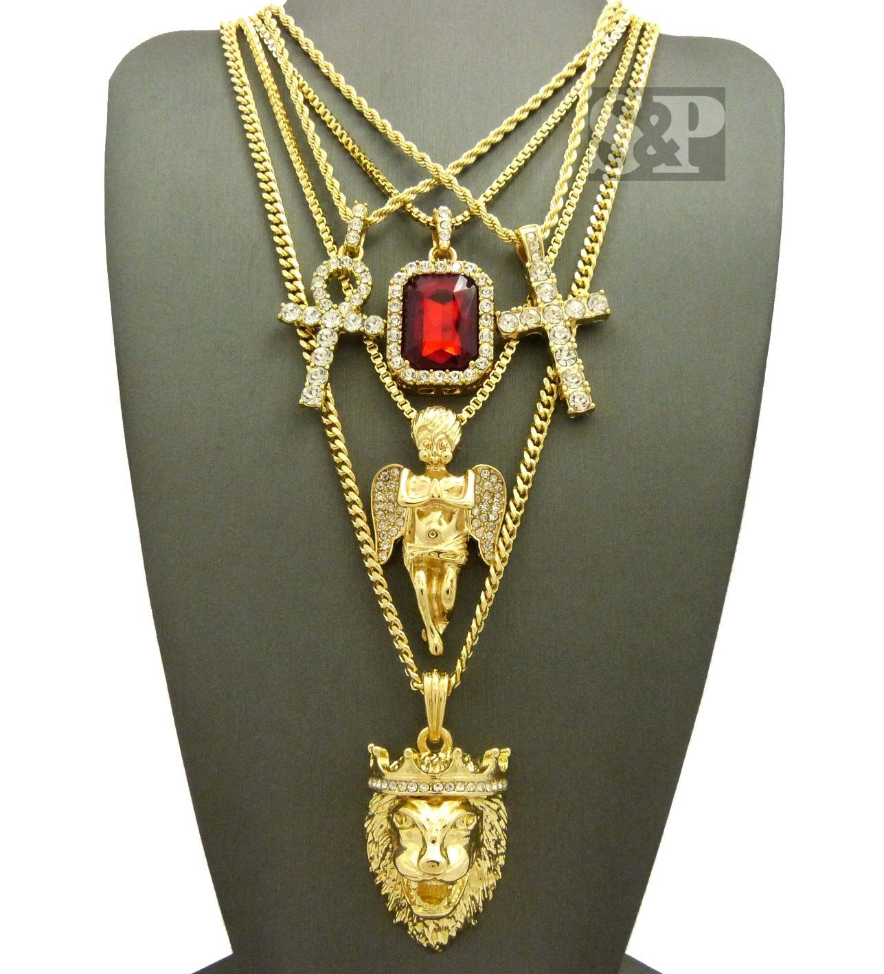 Hip Hop Iced Ankh, Cross, Red Ruby, Angel, Lion Head Pendant 5 Necklace Set