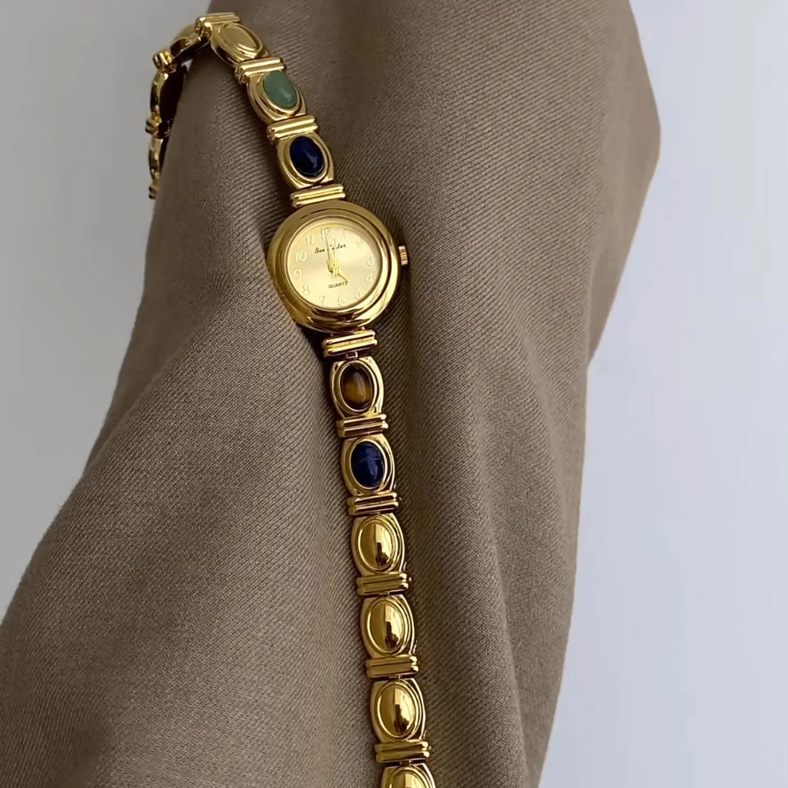 Women’s Gold Watch Vintage Brown Jade Bracelet Small Dial Quartz Daily Wear Part