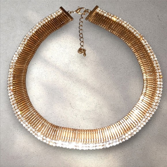 Cz goldtone accordian style choker collar bib necklace adjustable length