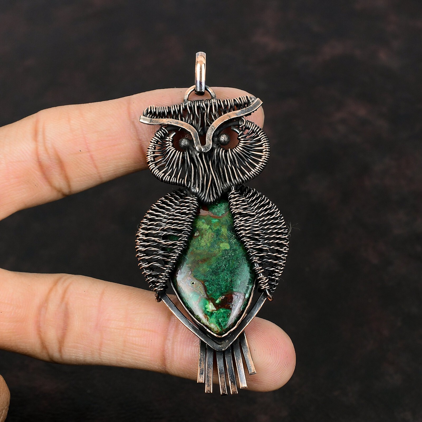 Cuprite Chrysocolla Wire Wrapped Owl Handcrafted Copper Unique Gift 3.35″