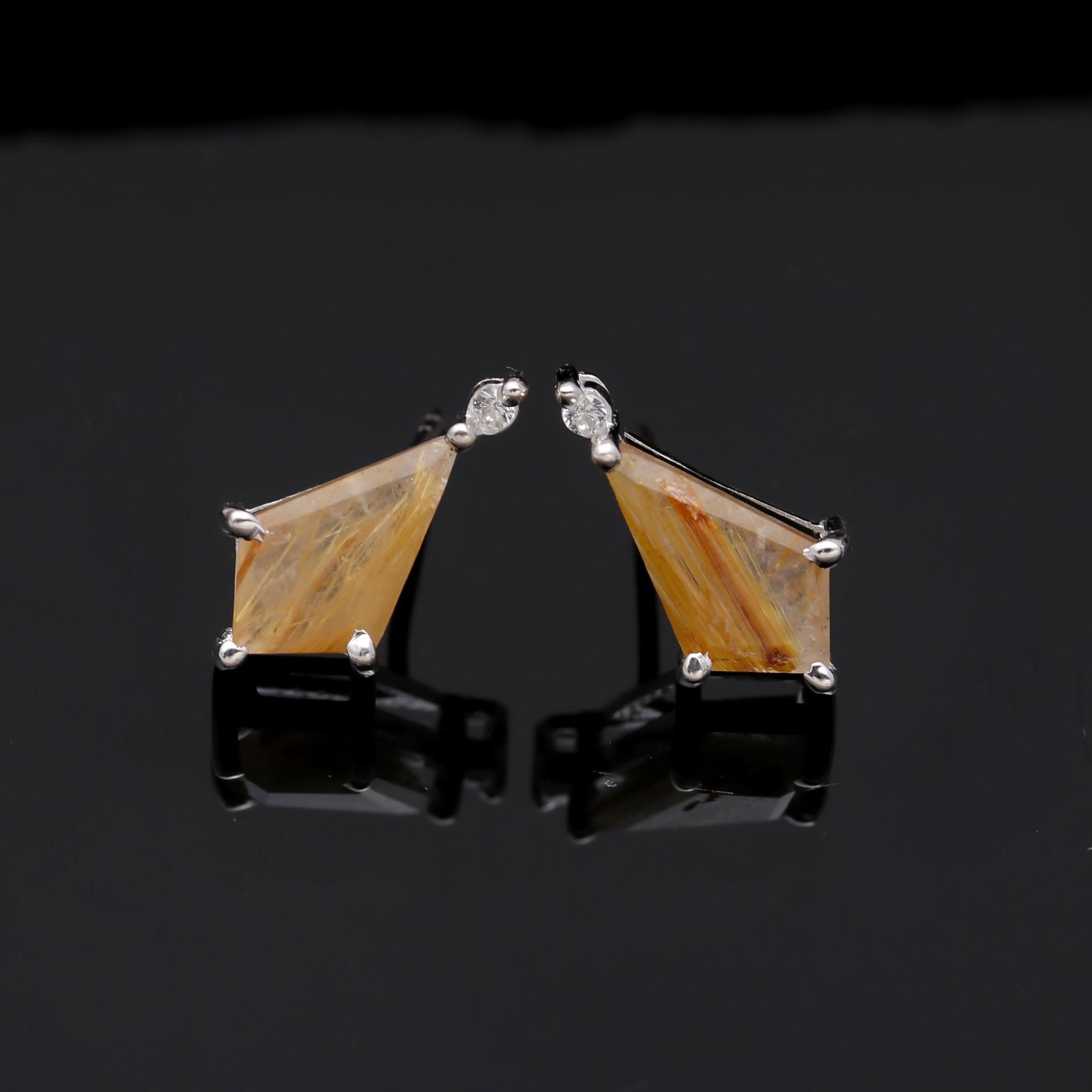 Natural Golden Rutile Quartz Stud Earrings 925Sterling Silver Minimalist Jewelry