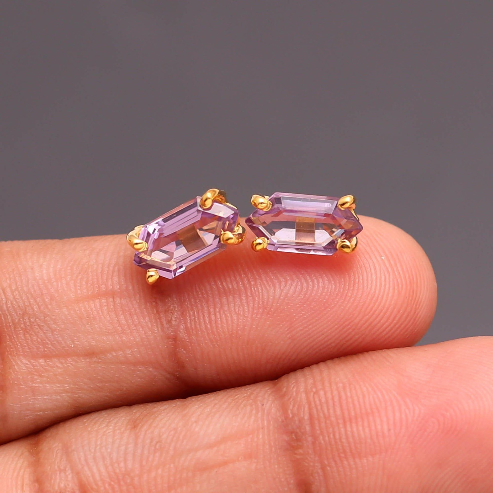 Natural Pink Amethyst Hexagon Stud Earring Gold Fill 925 Sterling Silver Jewelry