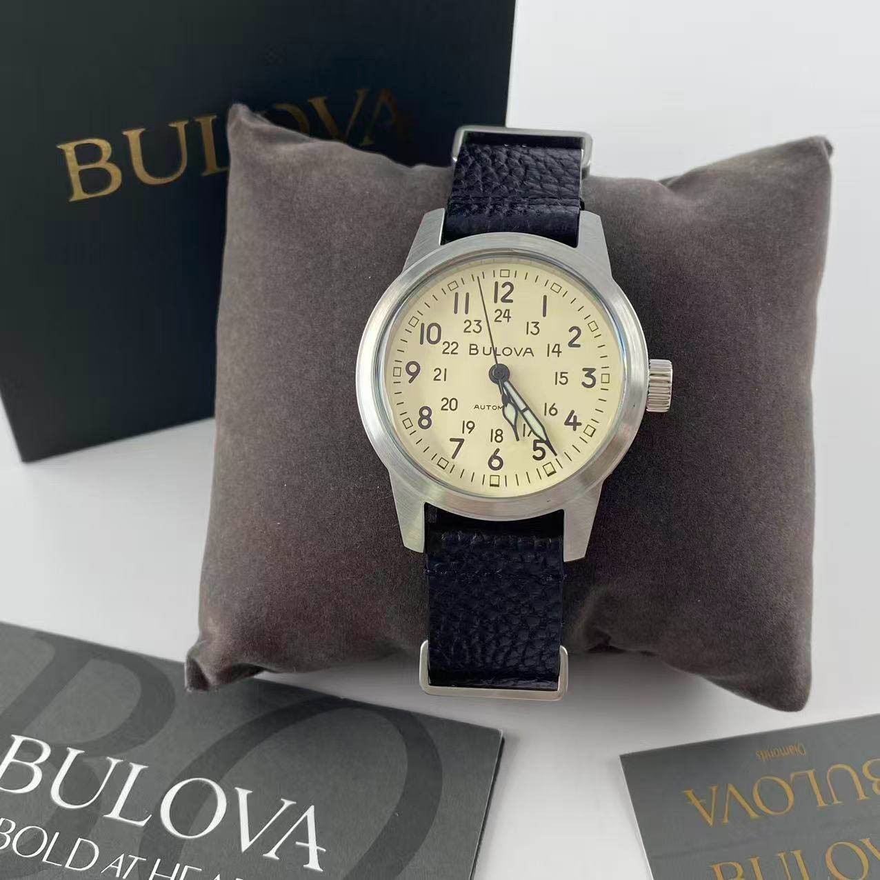 New Bulova Hack Men’s Automatic Watch Ivory Dial Leather Strap 96A246 38 mm