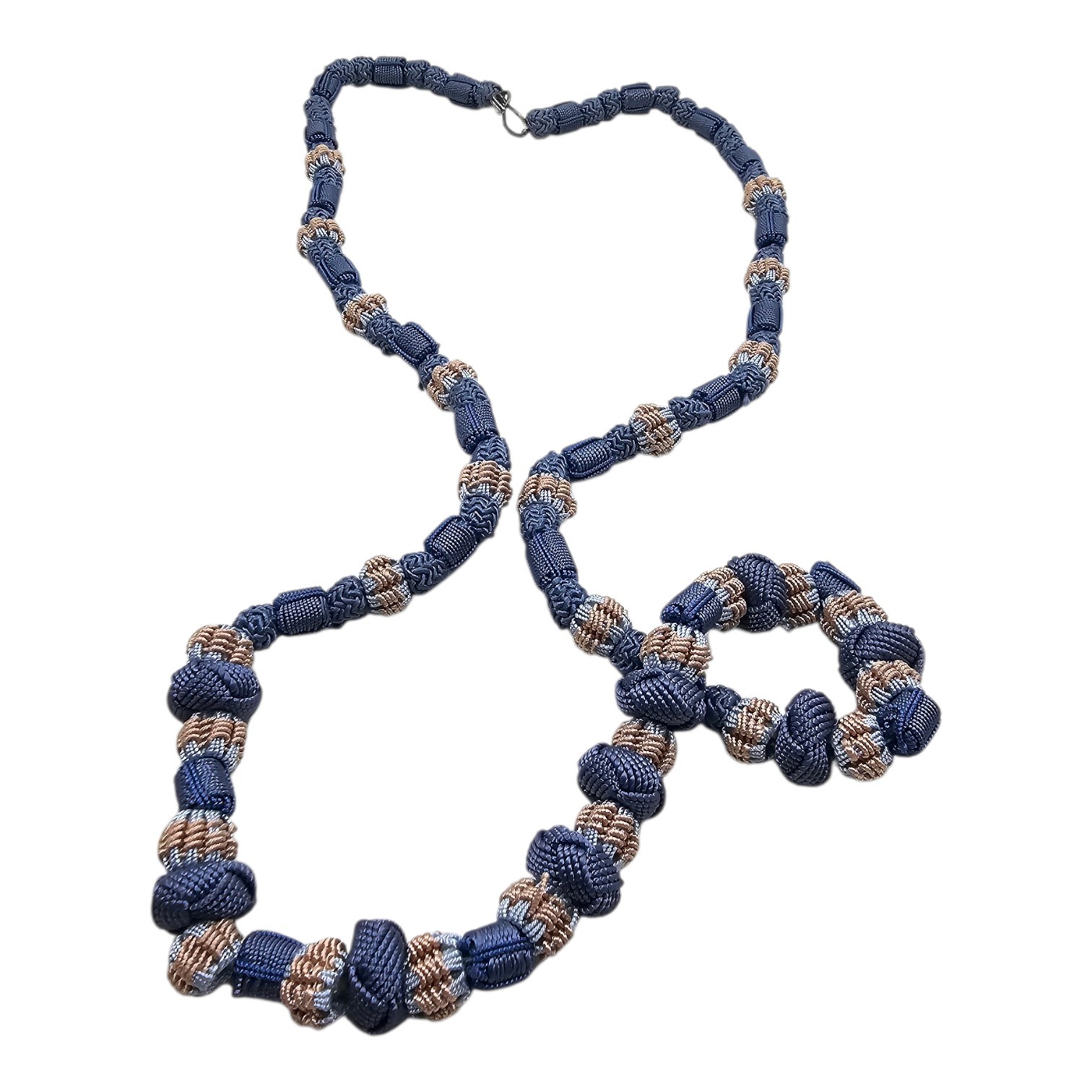 Vintage Blue Tan Woven Cord Knotted Bead Necklace 34in Boho Macrame Style