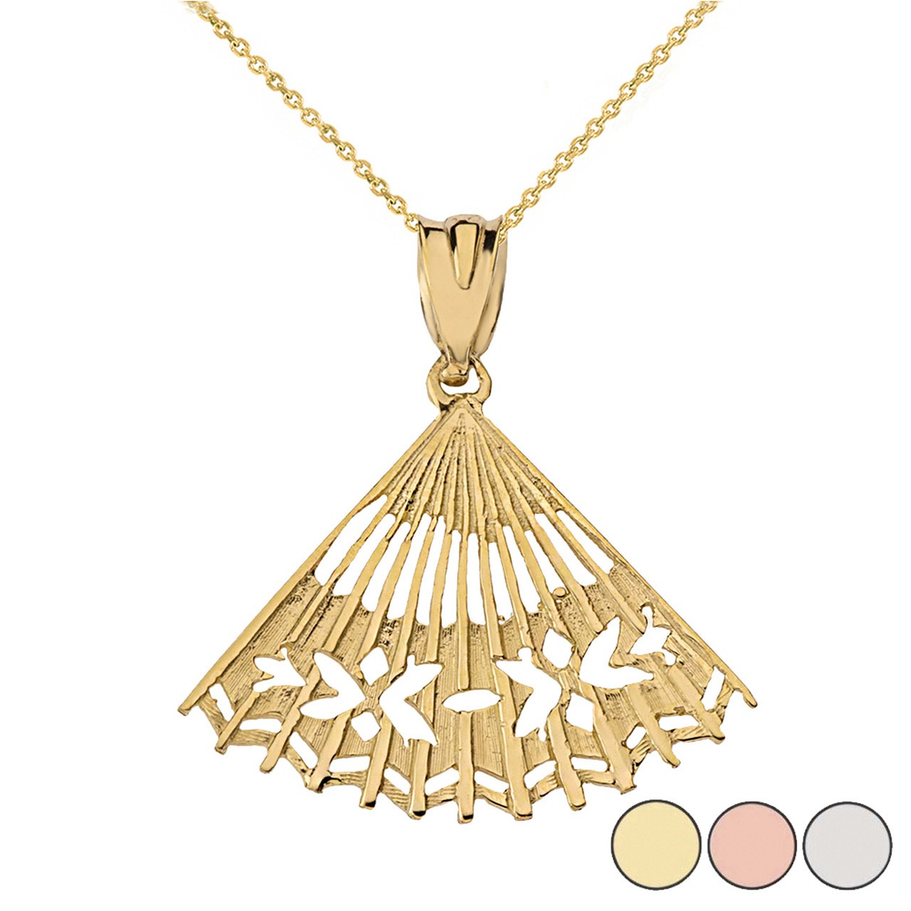 Cut Out Folding Hand Fan Pendant Necklace in Solid Gold (Yellow/Rose/White)