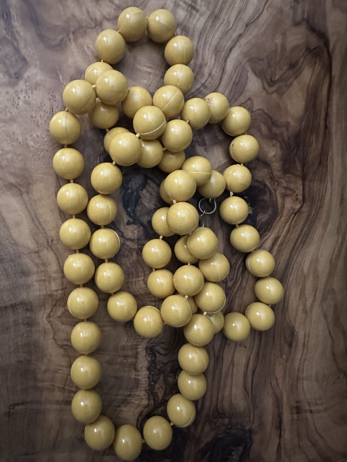 Vintage Mustard Yellow Acrylic 12mm Beaded Necklace 35″ Spring Ring Retro
