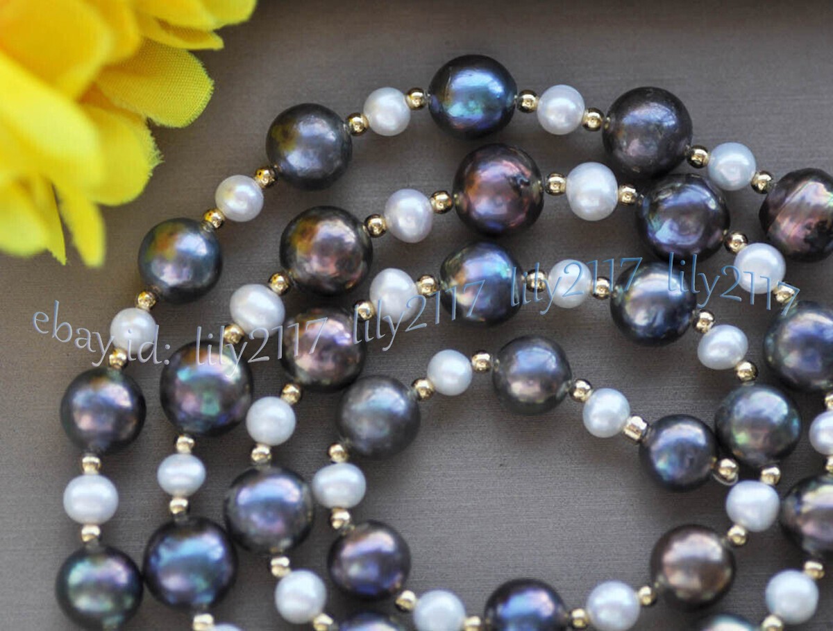 6-7mm White 11-12mm Black Natural Freshwater Pearl Beads Necklace Leaves Clasp