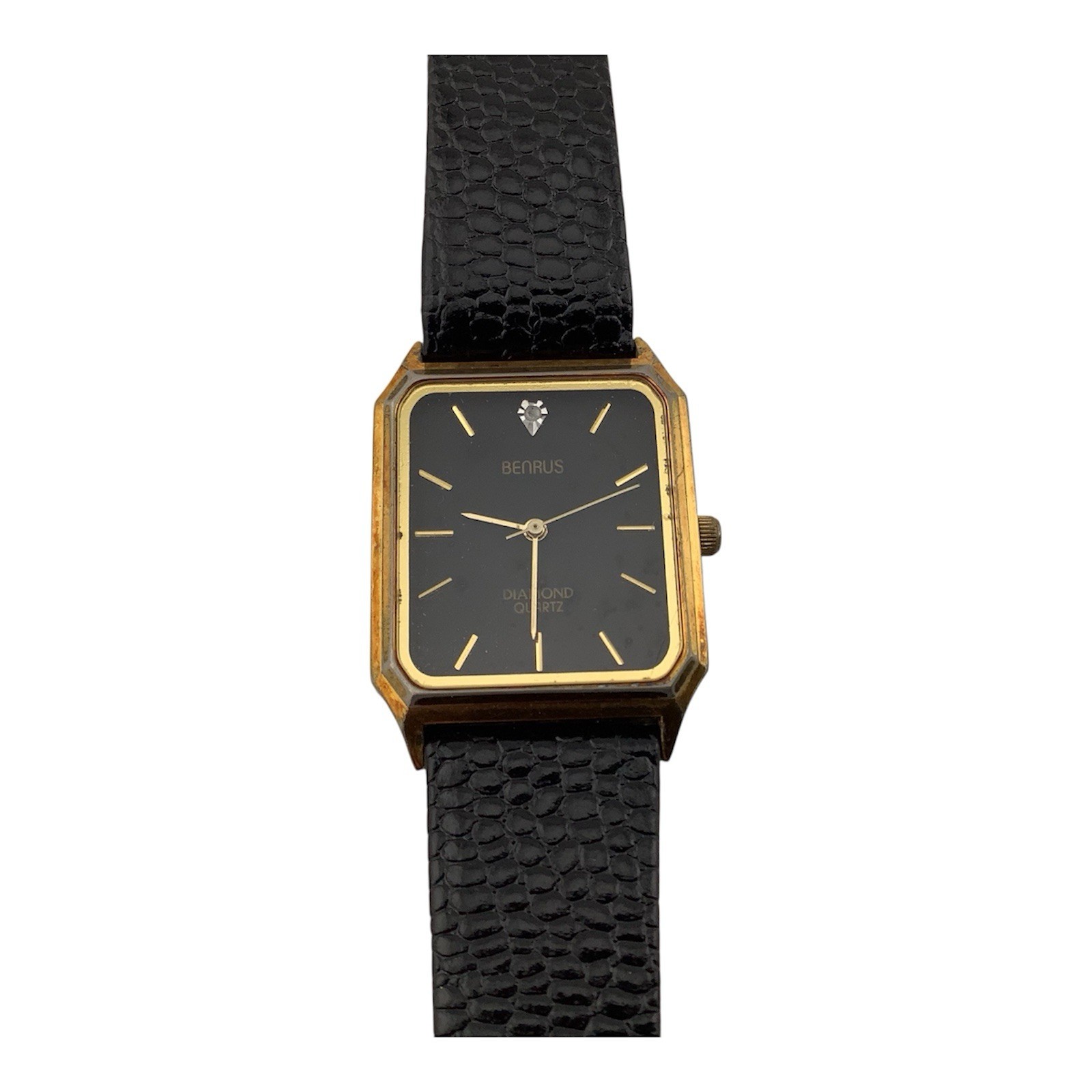 Men’s Benrus Diamond Quartz Watch Black Dial Black Leather Band Exotic Read Read