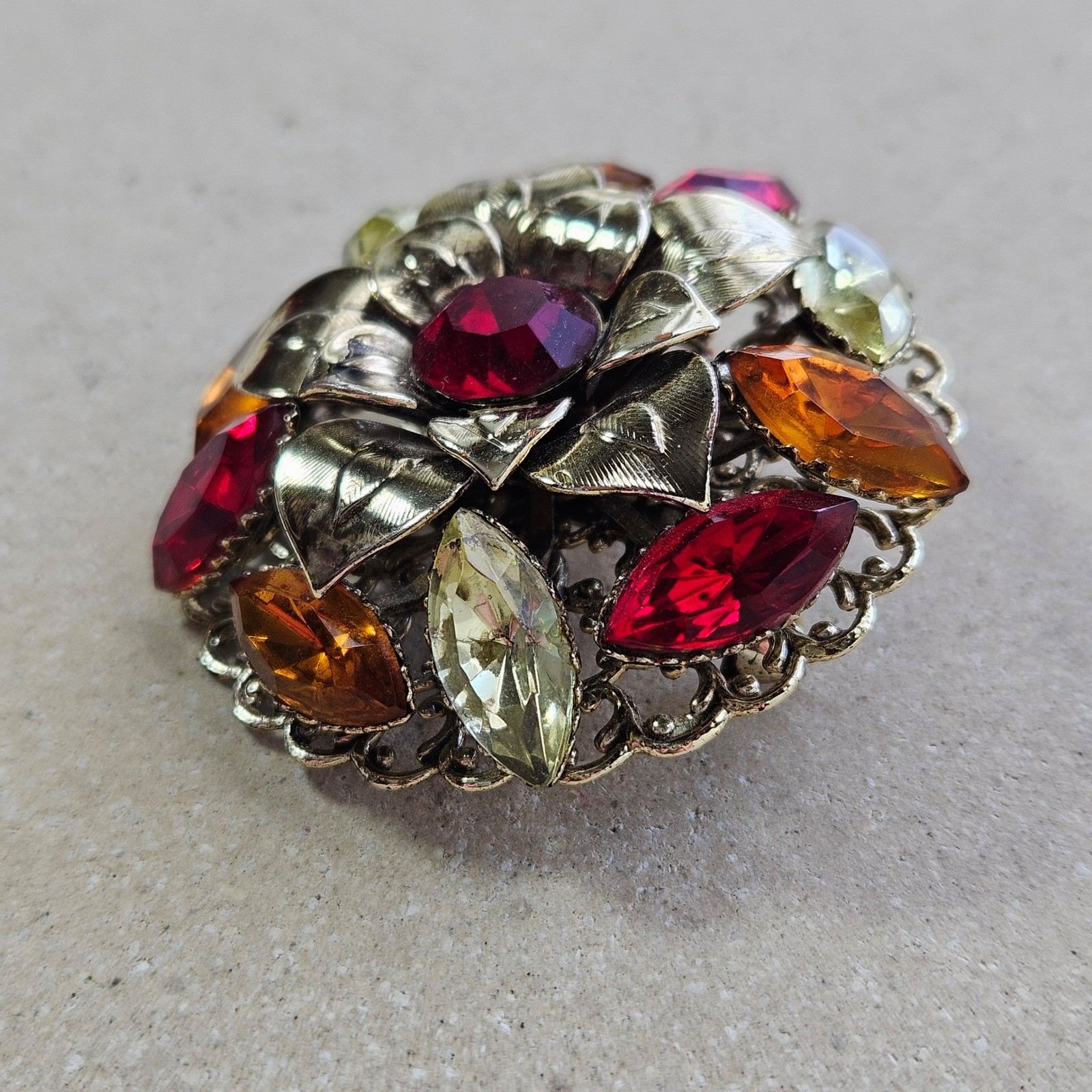 Vtg 50s 60s Gold Tone Floral Rhinestone Brooch Red Amber Yellow Flower Pin