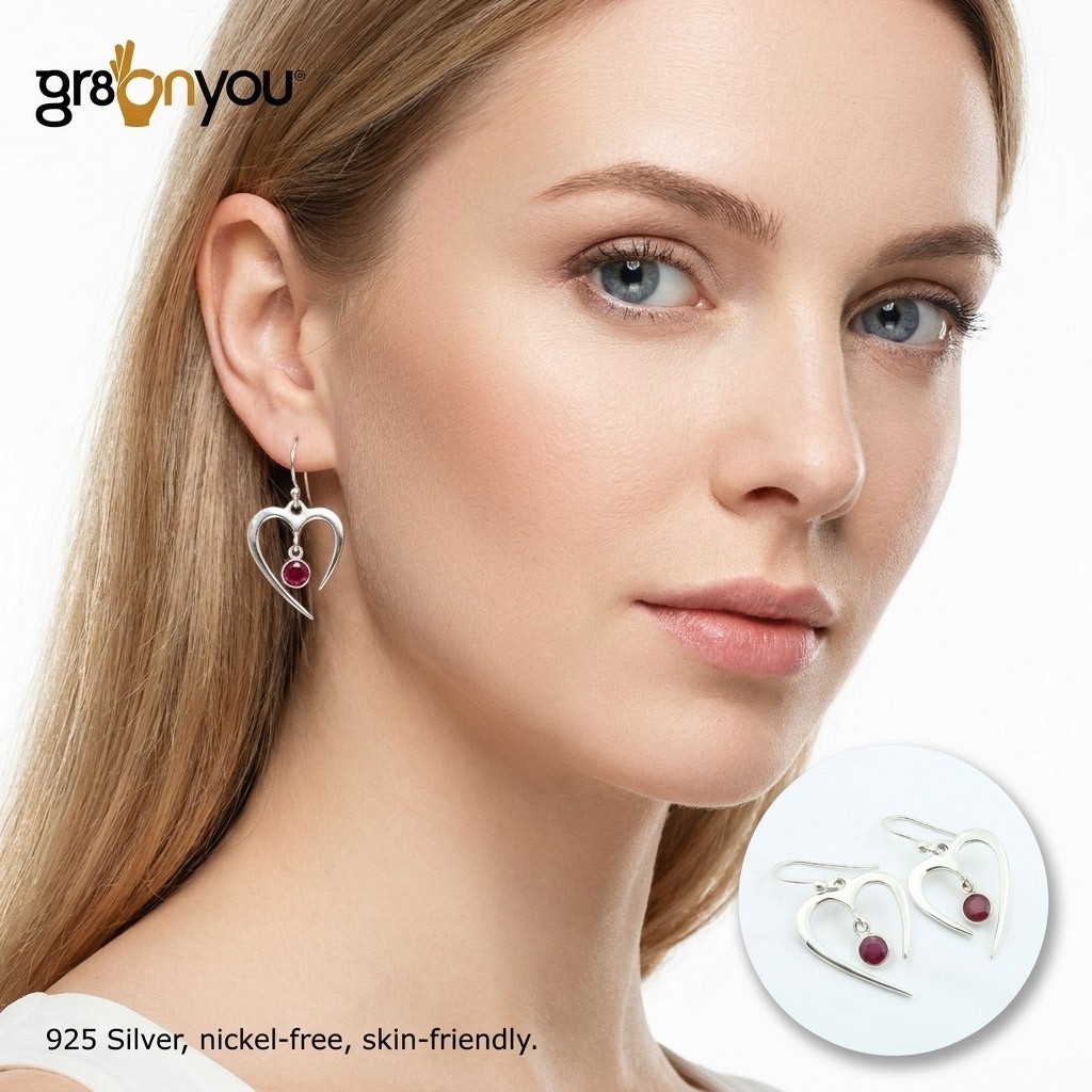 gr8onyou pure silver heart shaped earrings with earth rubies, 3.8 cm
