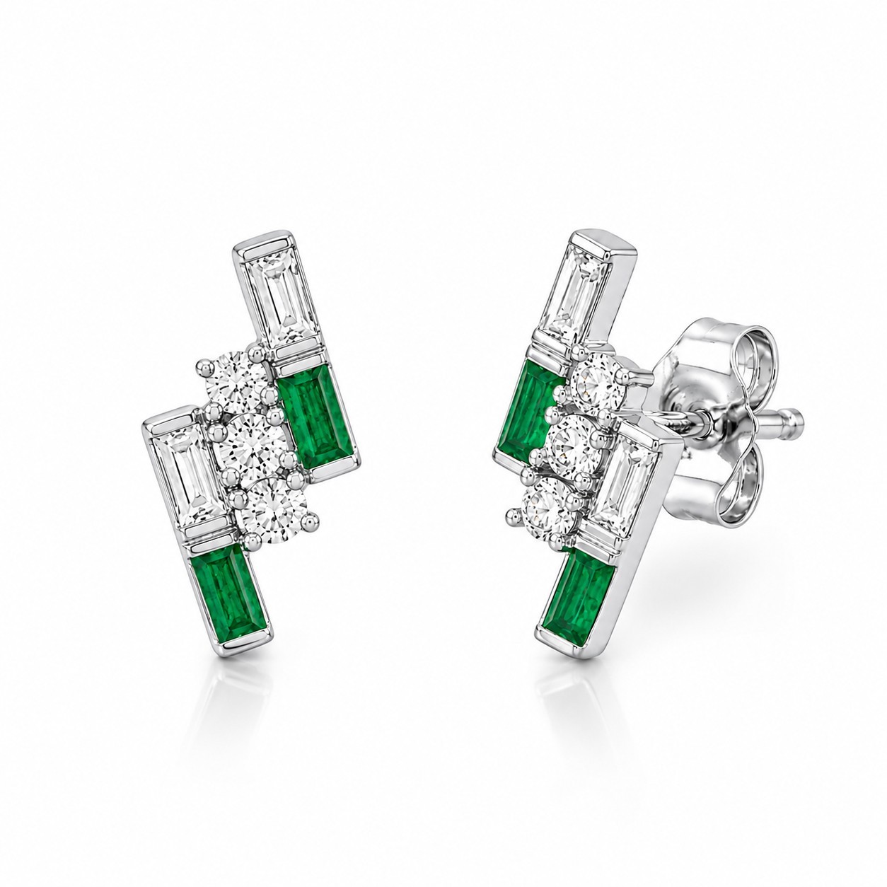 Baguette Emerald &Diamond Half Bezel Stud Earrings Solid 14K Yellow Gold Jewelry