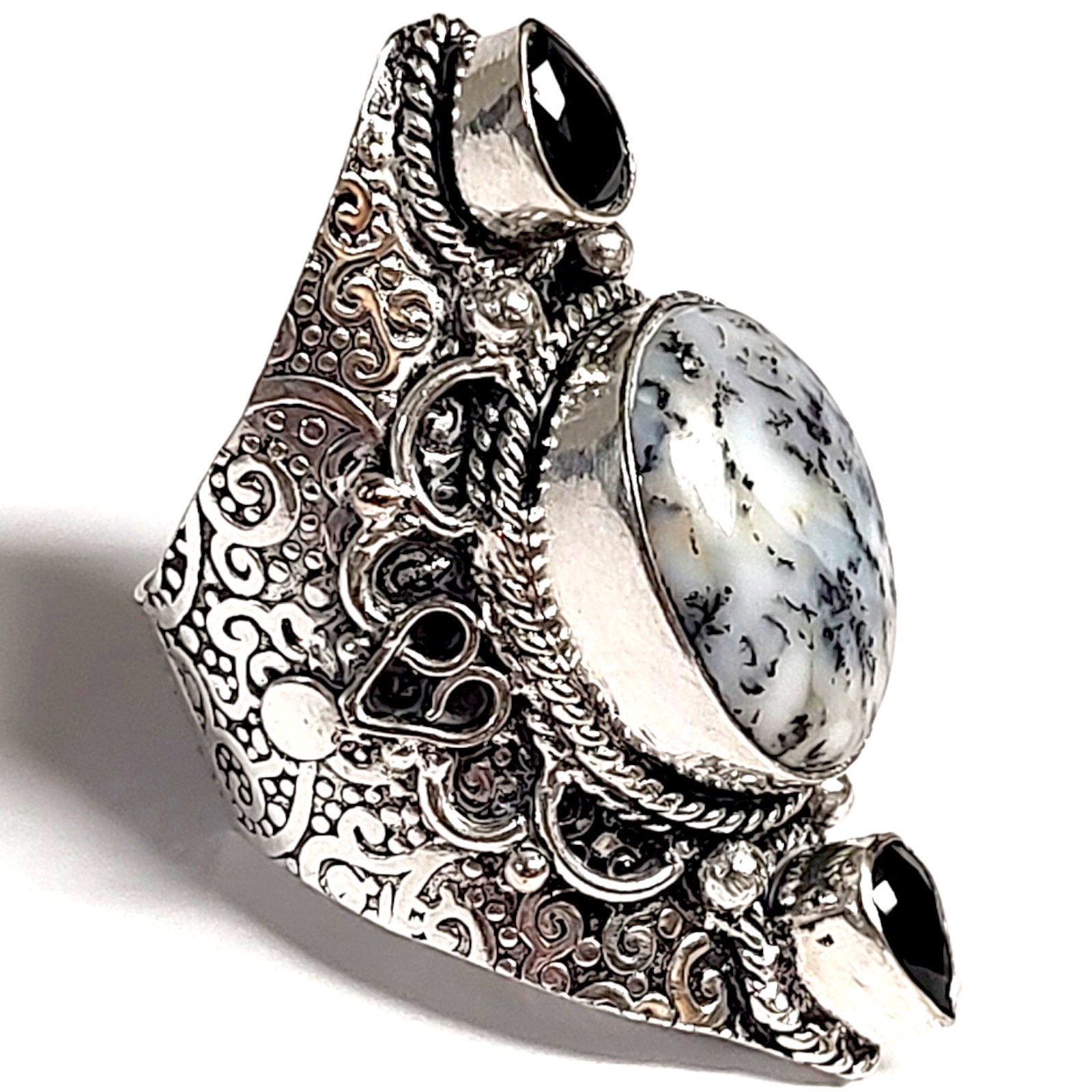 Huge Sterling 925 Chalcedony Cabochon Full Finger Boho Statement Ring Size 8.5